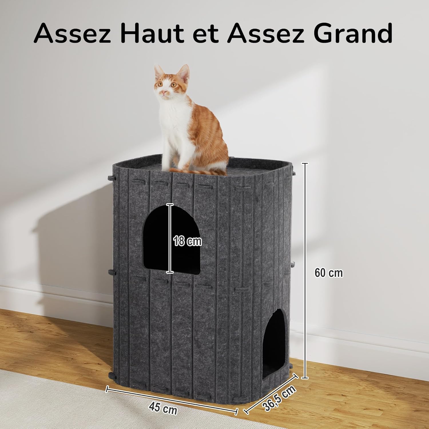 Thumbnail 3 de FUKUMARU Niche pour chat d’intérieur 2 étages en feutre gris (45 x 36,5 x 60 cm)