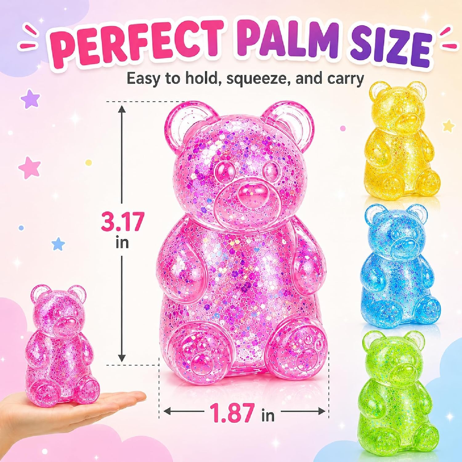 Detalle 2 de TNOIE glitter -bear Squishy Bear Toys, 4-Pack Slow-Rising Sensory Fidgets