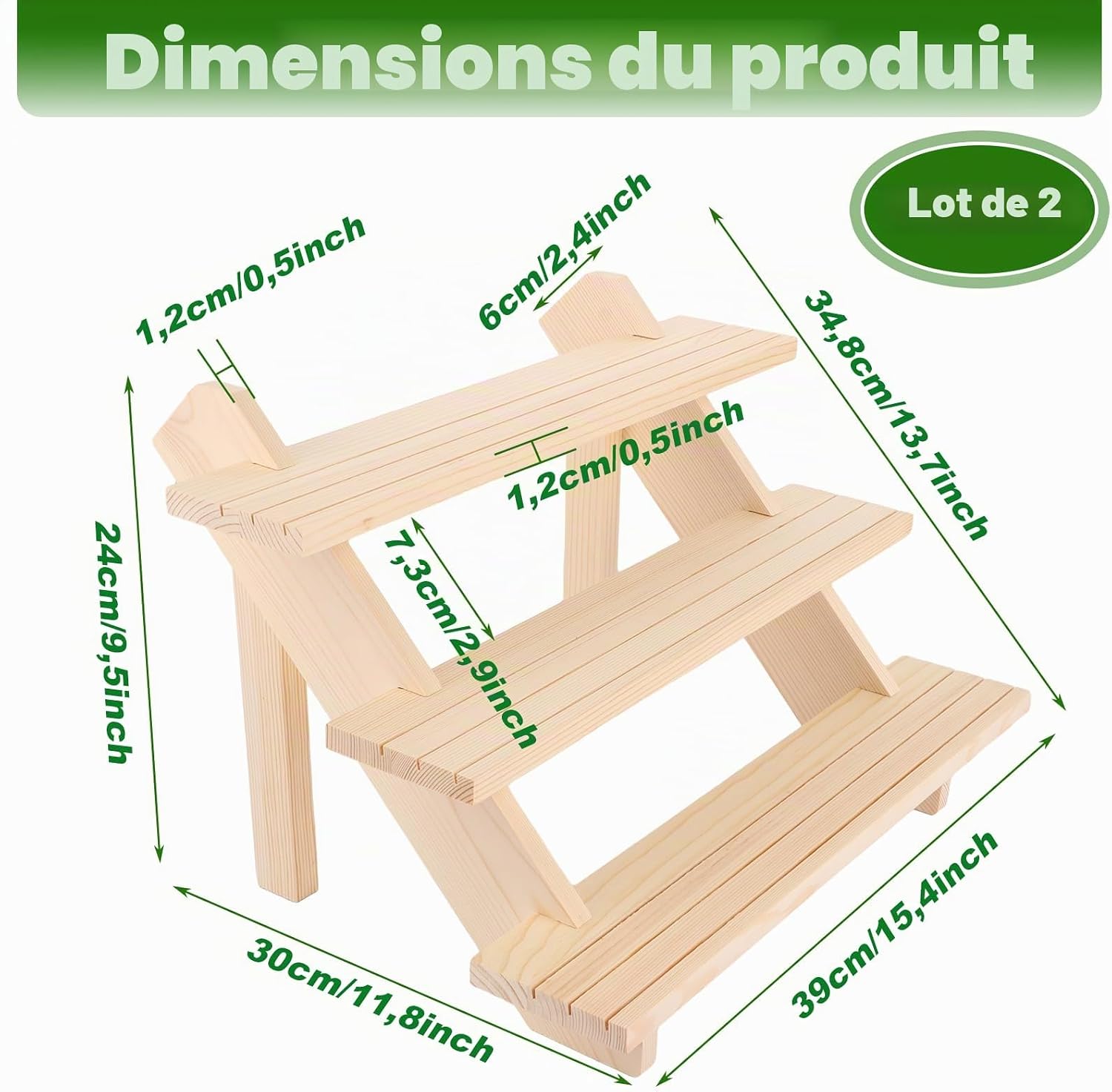 Detalle de AKOLAFE Lot de 2 Présentoirs en Bois 3 Niveaux – Étagère 39 x 30 x 24 cm