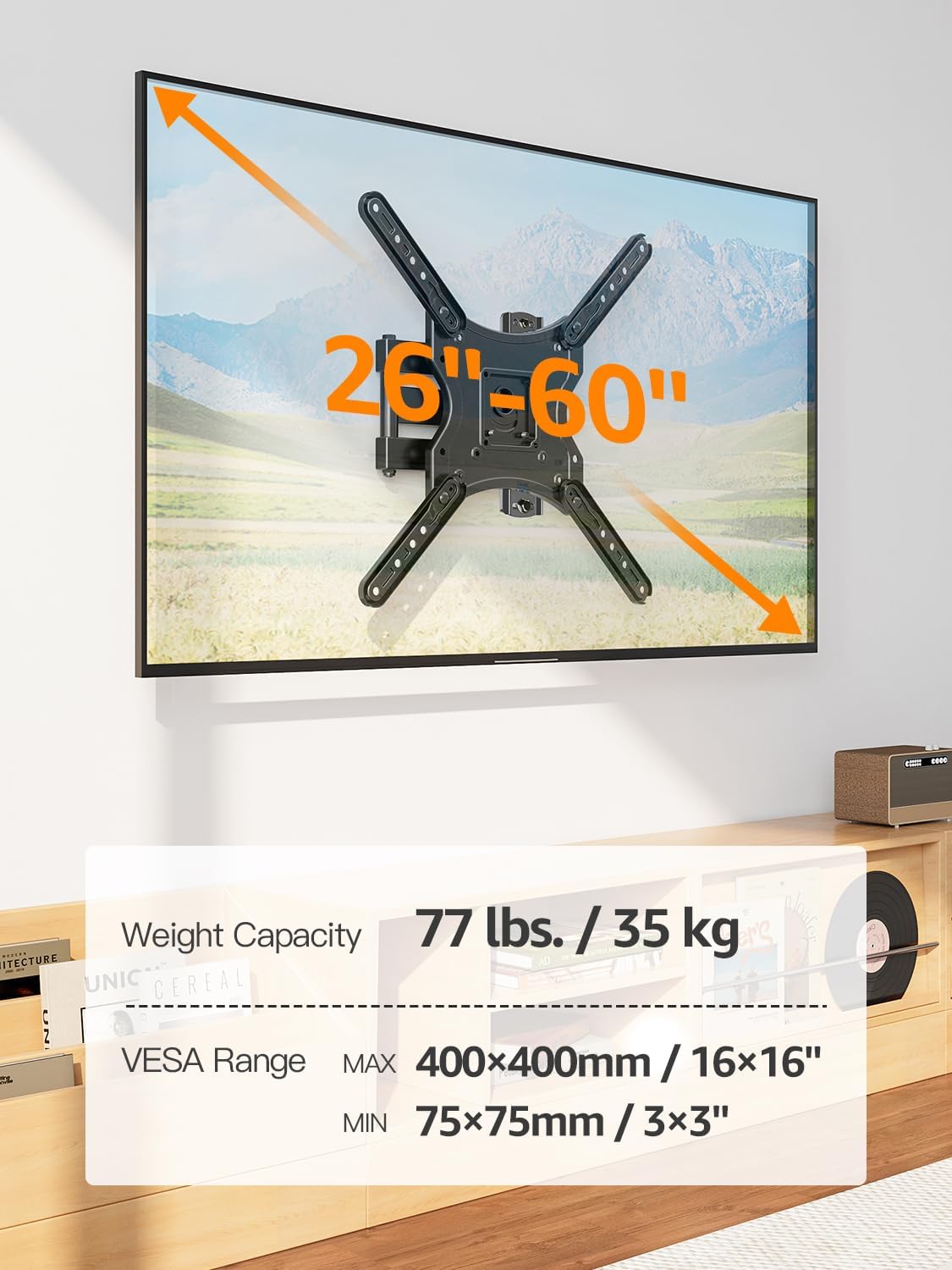 Thumbnail 5 de ELIVED Full Motion TV Wall Mount for 26-60 Inch TVs with ±90° Swivel and Tilt