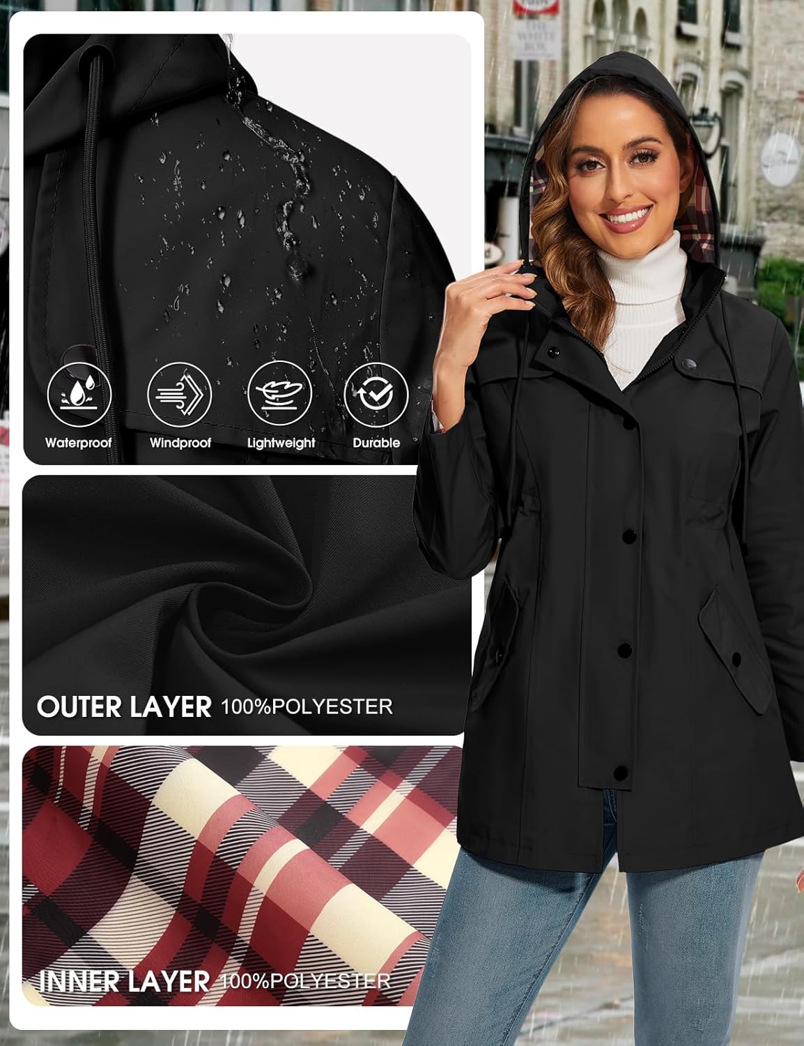 Thumbnail 2 de UMIPUBO Womens Waterproof Jackets: Long Hooded Raincoat for Outdoor Adventures