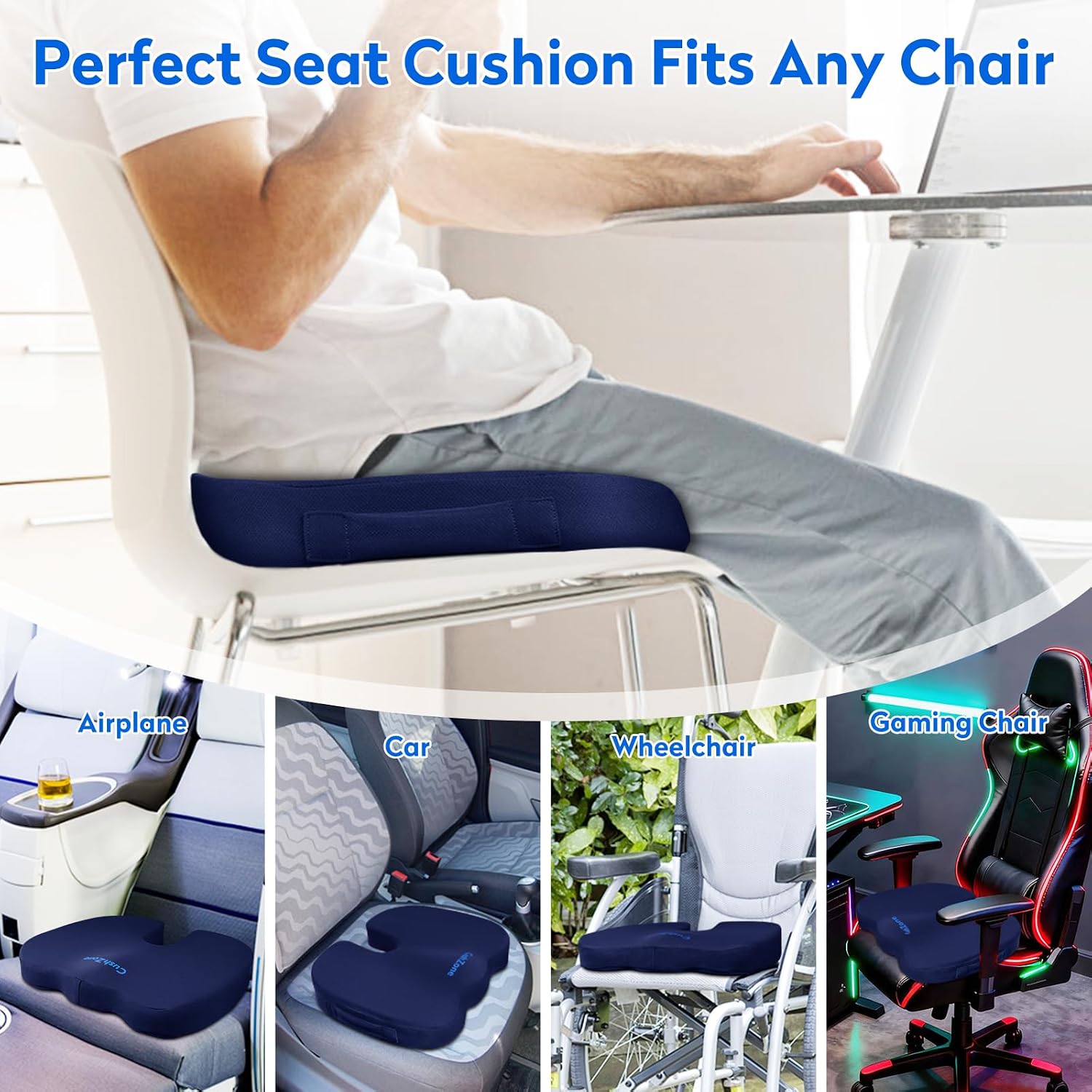 Detalle de CushZone Large Memory Foam Seat Cushion, Blue, with U-Shaped Coccyx Cutout