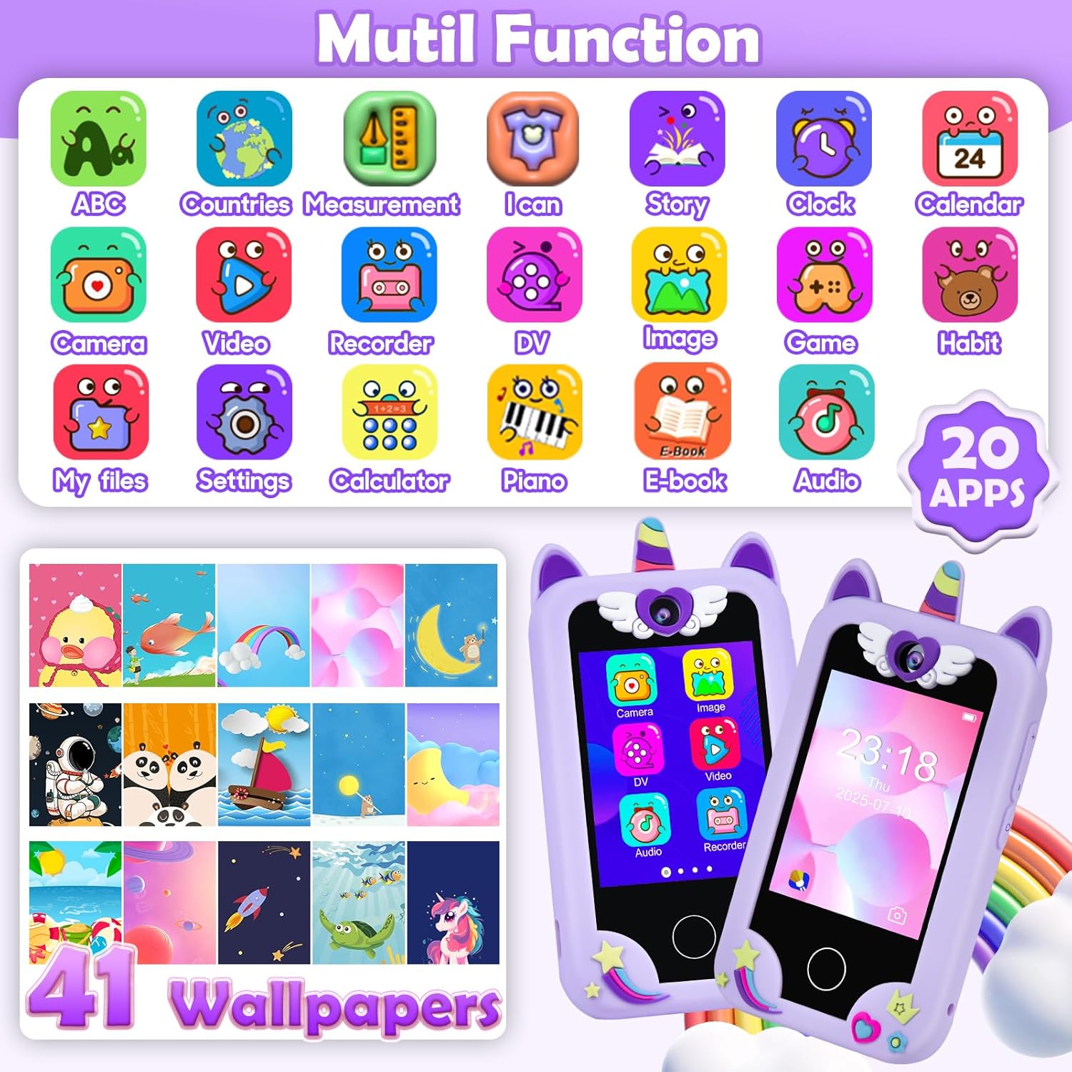 Detalle 2 de Elecoutek Kids Smart Phone: Unicorn Themed 2.8" Toy Smartphone for 3–10 Year Olds