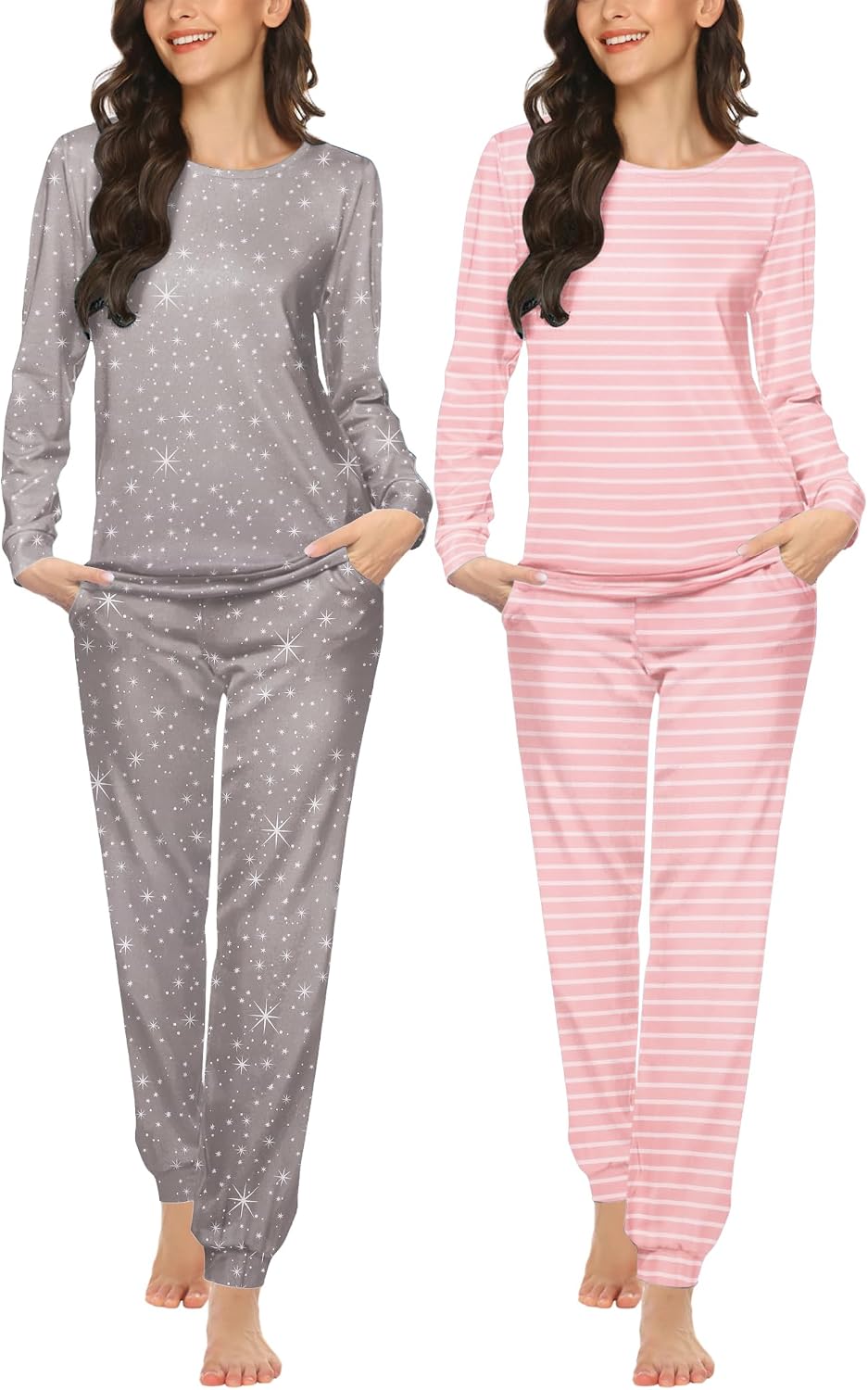 Detalle de Ekouaer Women's 2-Pack Pajama Sets with Long-Sleeve Tops and Joggers