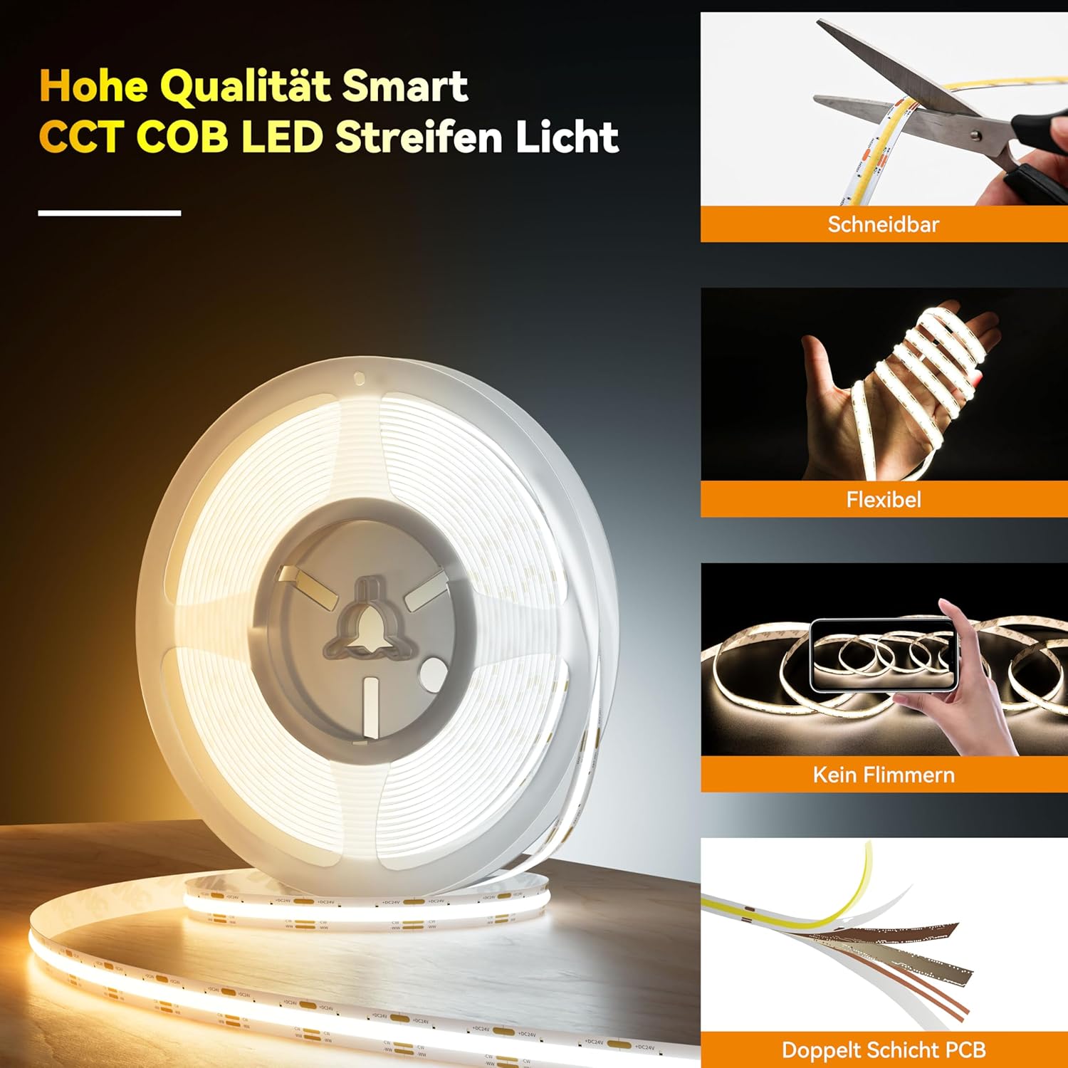 Detalle de PAUTIX COB LED Streifen CCT 5M Einstellbar Weiß 2700K–6500K | Smart WiFi, 24V, App-Steuerung