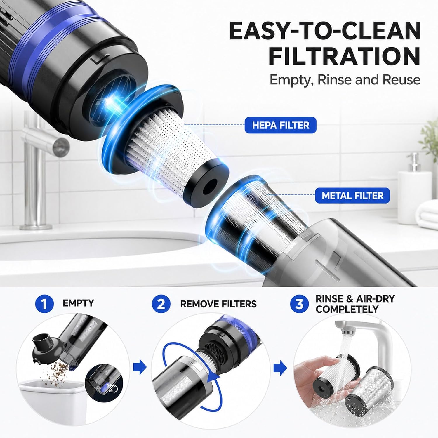 Detalle de Filigo VC032 Cordless Handheld Vacuum, 3-in-1 with HEPA Filter