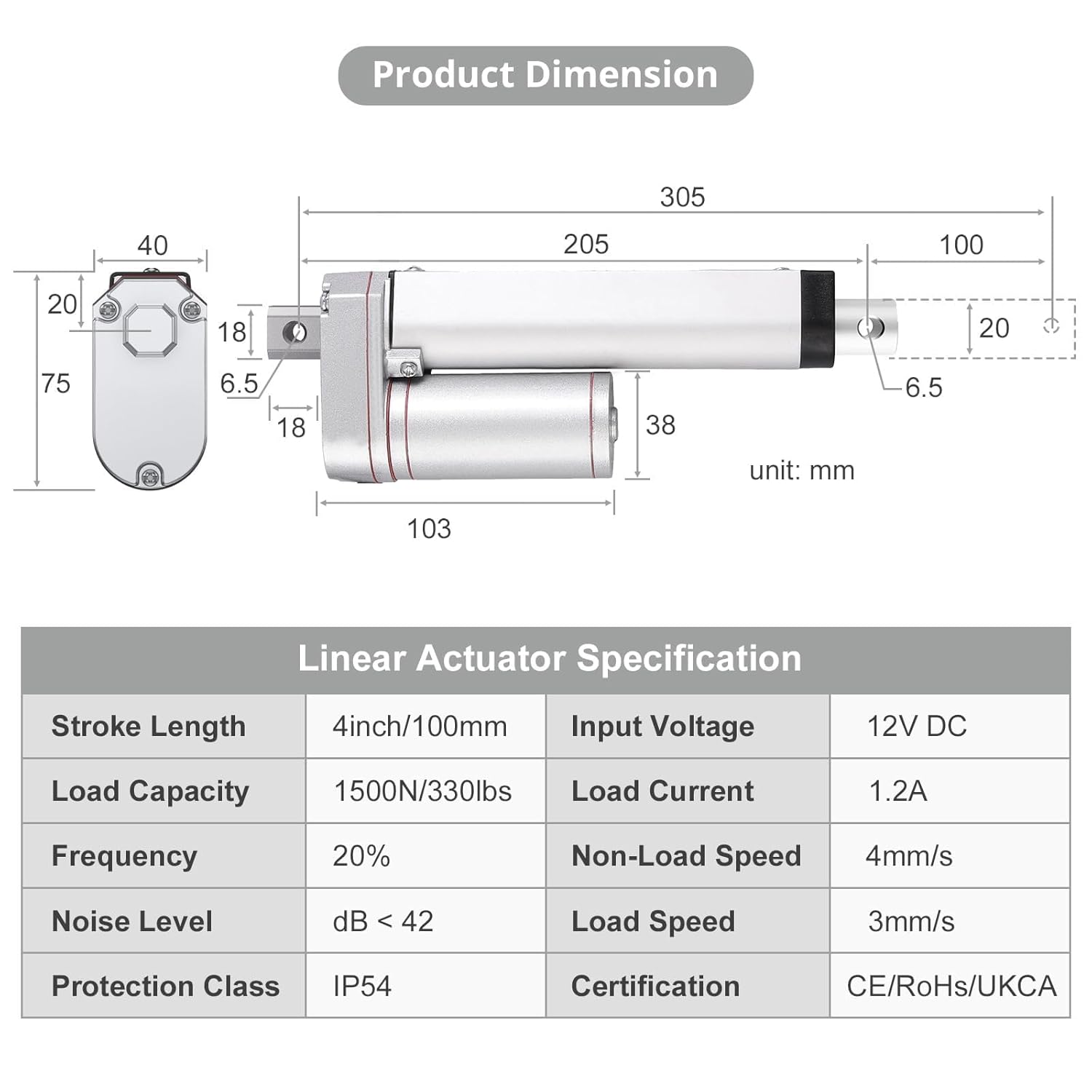 Thumbnail 3 de Justech 100mm 12V DC Linear Actuator with 1500N Load — Practical Power for TV Lifts, Beds & More
