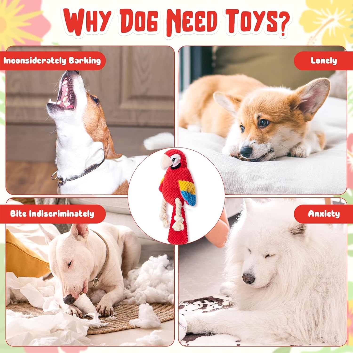 Thumbnail 4 de YUDOTE Squeaky Parrot Dog Toy for Puppies with Rope Legs (Red) – Soft plush & interactive chew
