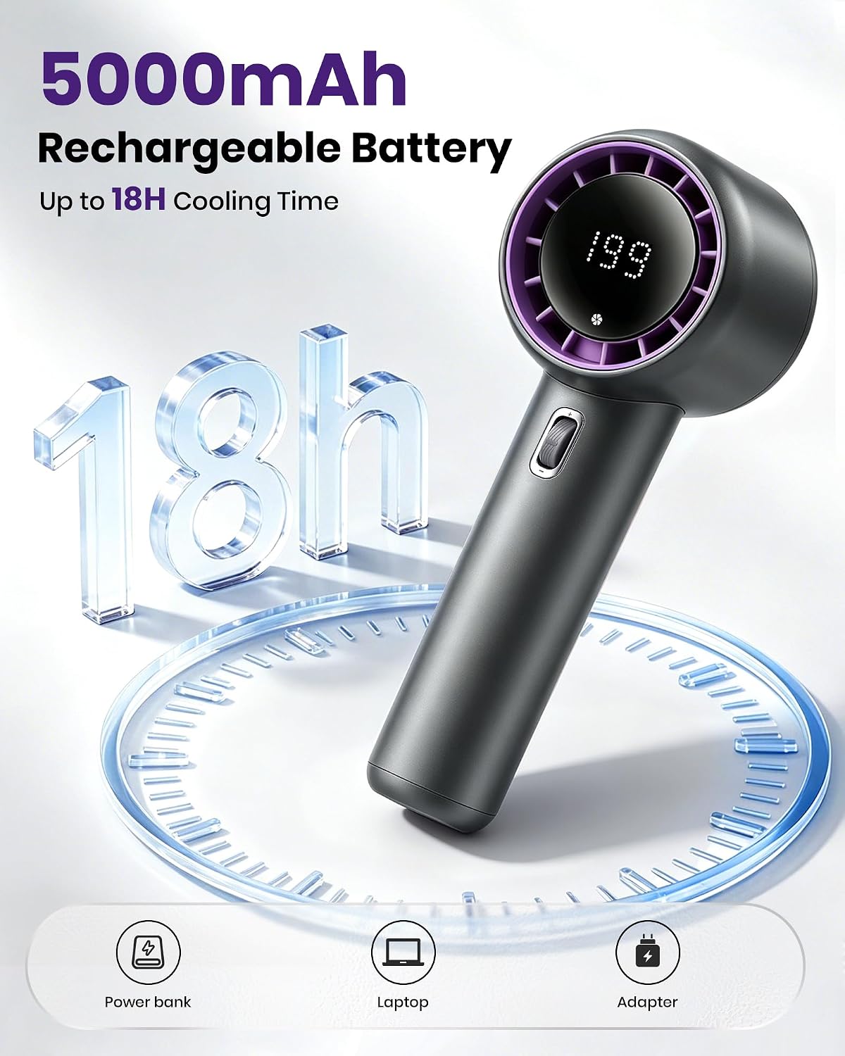 Detalle de Portable Handheld Fan 5000mAh (GF02 Grey) — Compact Turbo Personal Fan with 199 Speeds and LED Display