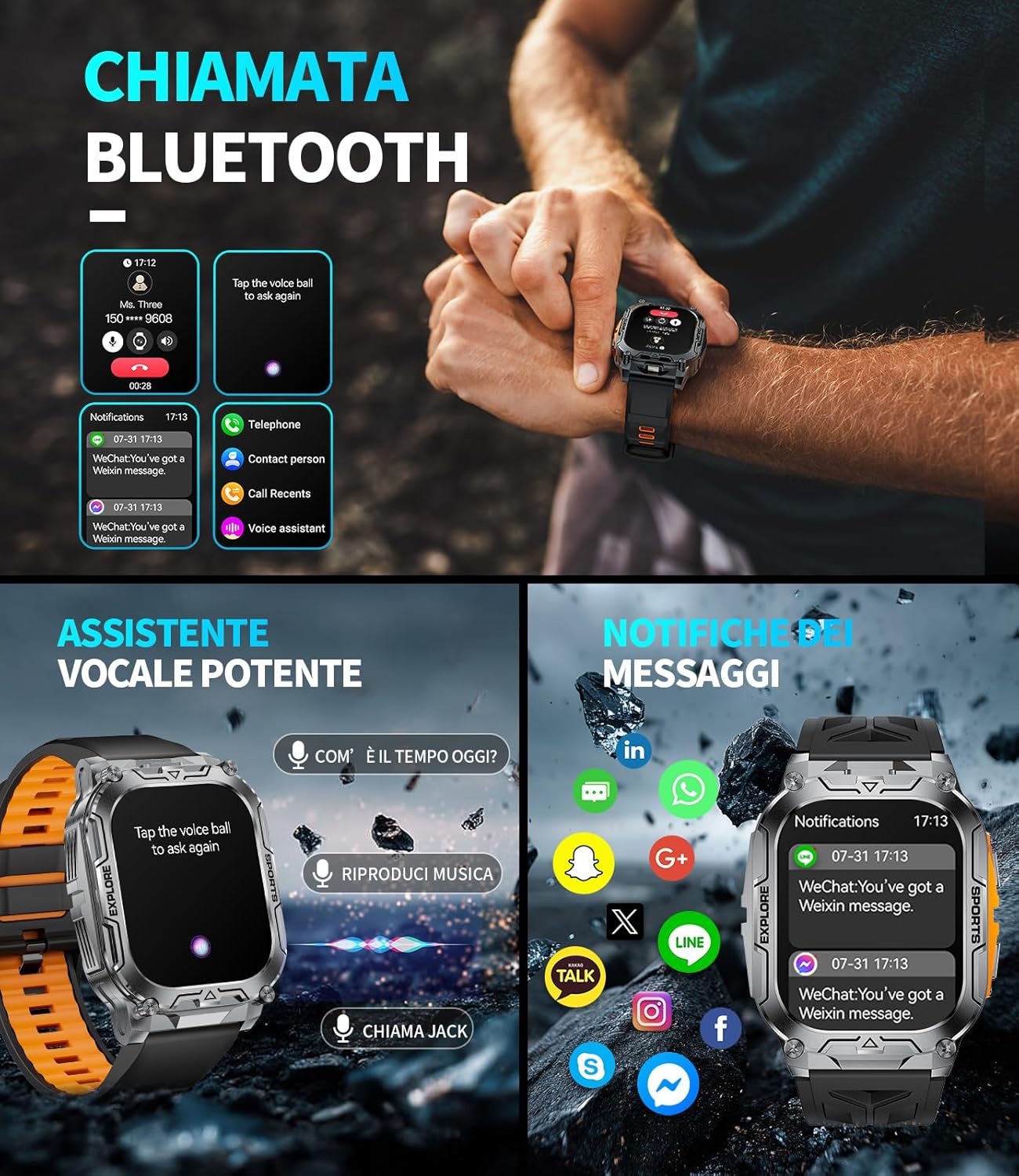Detalle de HIRREO Smartwatch Uomo Militare con Batteria 1000 mAh, IP68 e Chiamate Bluetooth