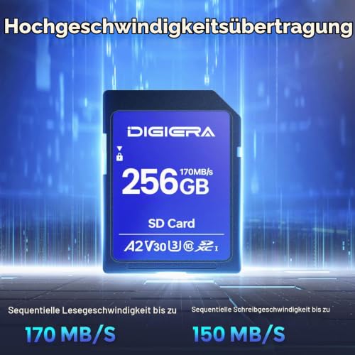 Detalle 2 de DIGIERA 256 GB SDXC UHS‑I Speicherkarte, 170 MB/s Lesen, 150 MB/s Schreiben, C10 / U3 / V30 — 4K UHD