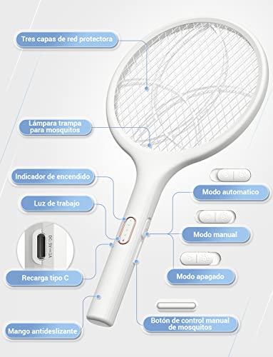 Thumbnail 6 de YISSVIC raqueta matamoscas eléctrica 2 en 1 de 4000V con USB recargable (blanco)