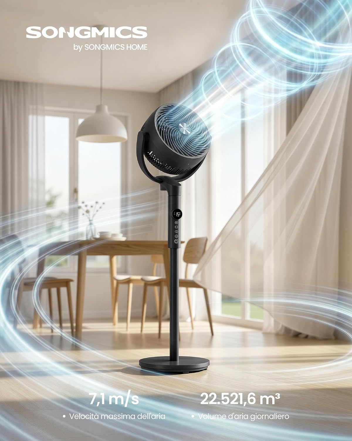 Detalle 2 de SONGMICS Ventilatore a Piantana XFC002W1EU: silenzioso, versatile e regolabile per ogni stanza