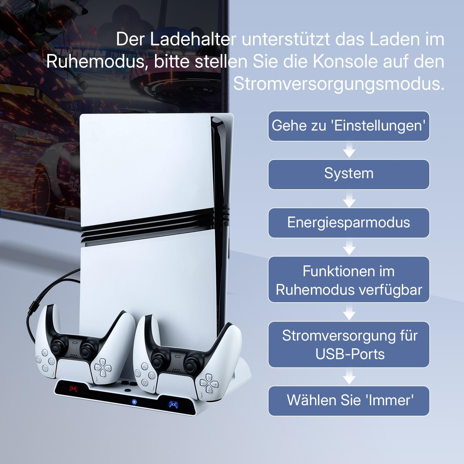 Detalle 2 de Wigearss PS5/PS5 Slim/PS5 Pro Kühlstandfuß mit Dual Controller Ladegerät – Lade- und Kühlstation