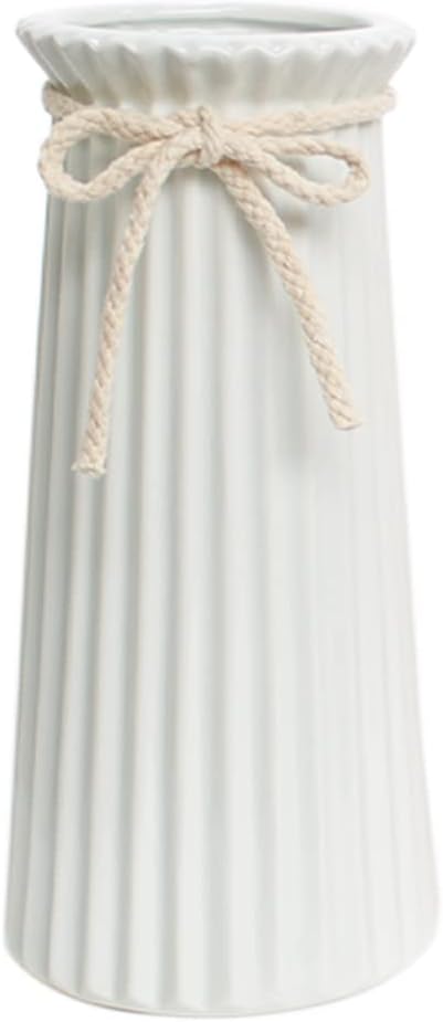 JUZAI White Ceramic Ribbed Vases (8 inch / 20 cm) for minimalist home decor