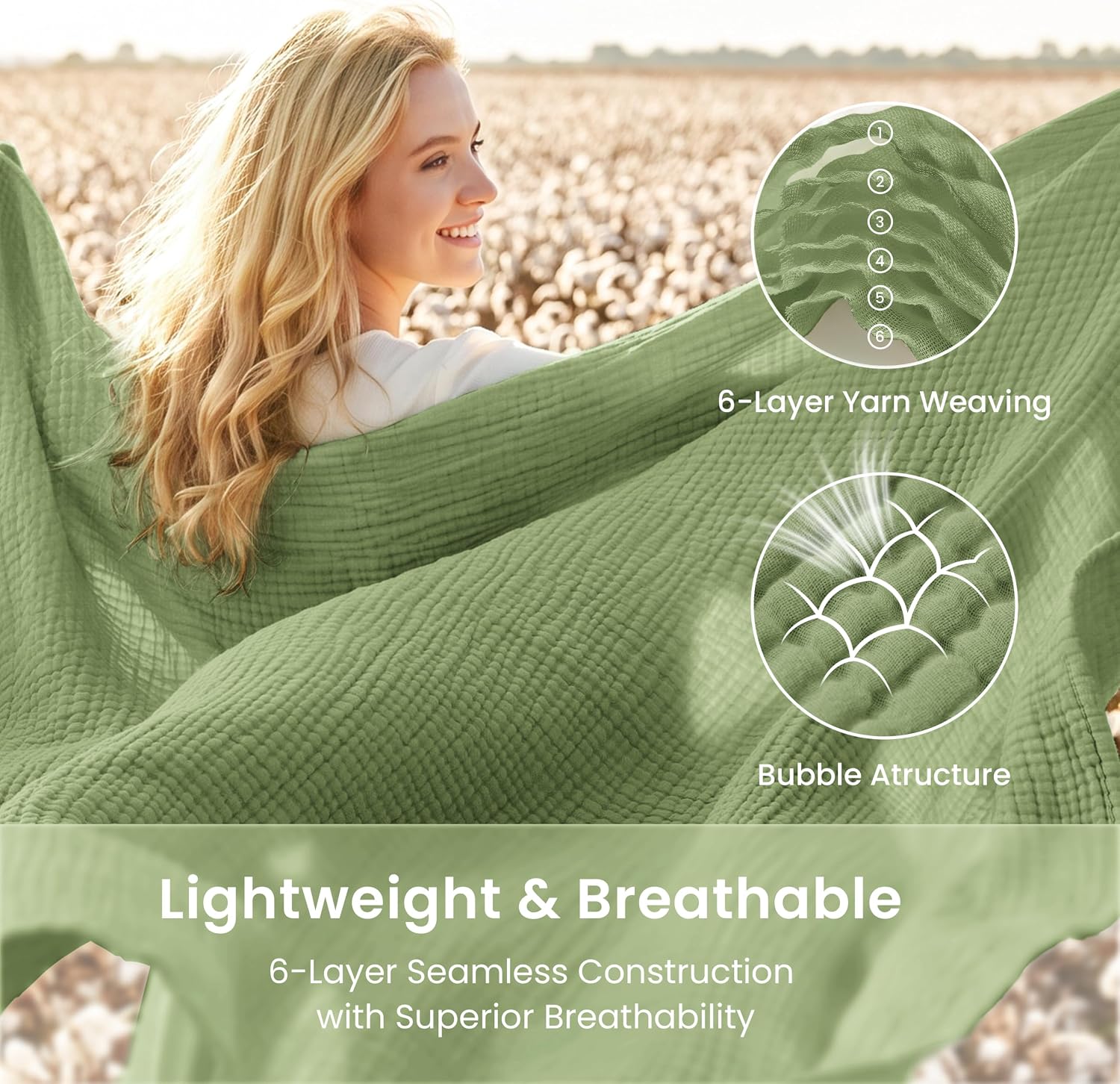 Detalle de Love's Cabin 100% Cotton Muslin Blanket (6-Layer) – King Size, Sage Green, Lightweight Gauze