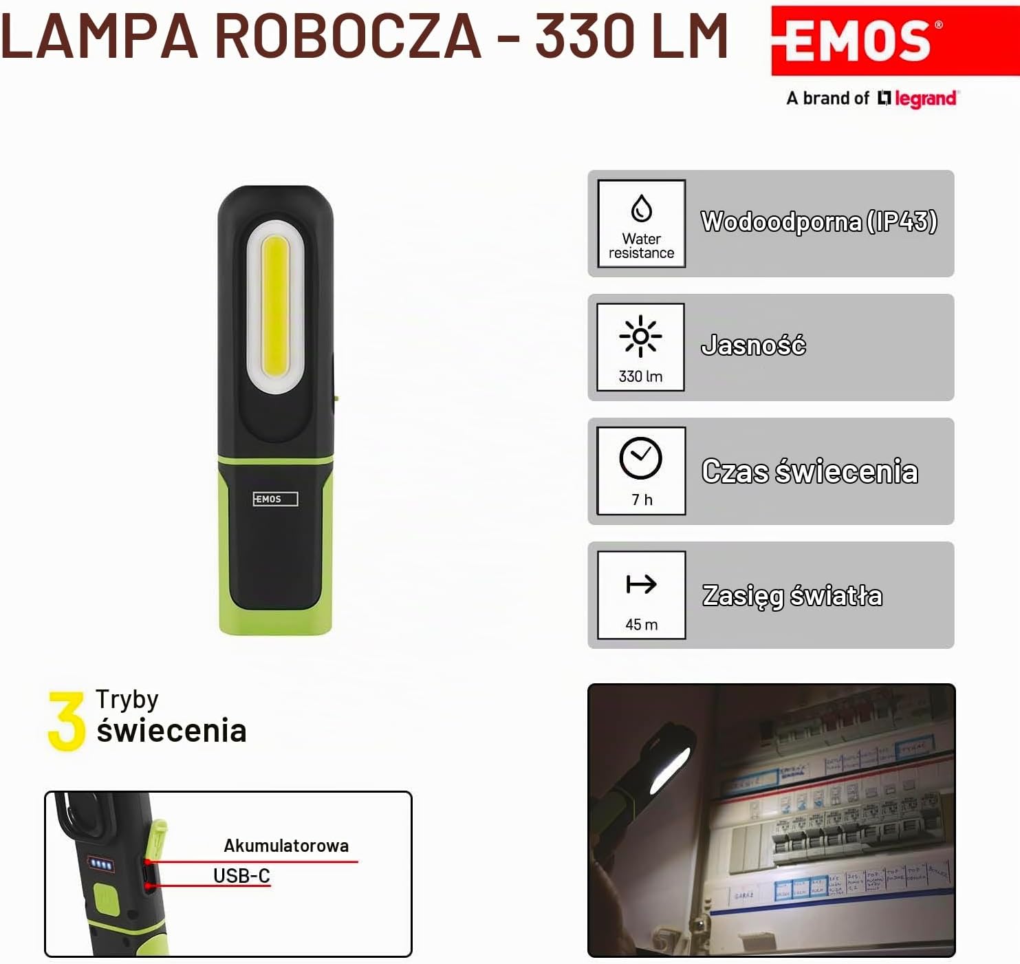 Detalle de EMOS P4537 ładowana lampa robocza LED 330 lm z magnesem, klipsem i hakiem