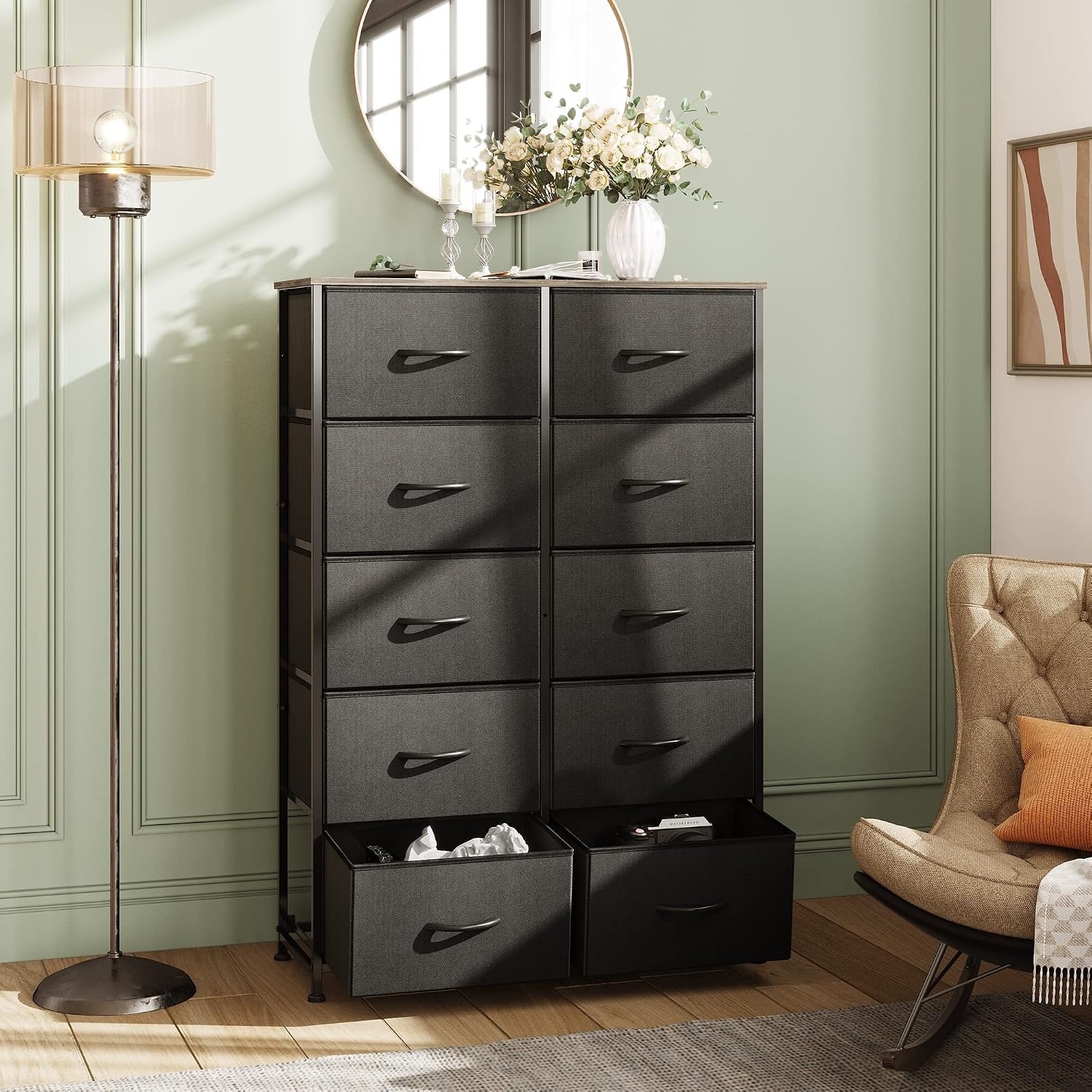 Detalle 2 de WLIVE ASNG059DK 10-Drawer Fabric Dresser with Wood Top and Steel Frame