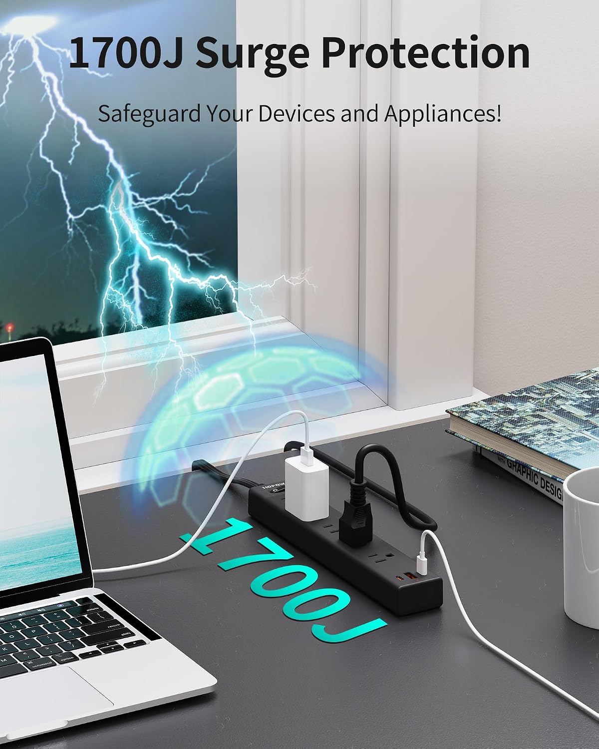 Thumbnail 6 de HOPOW Flat Plug Power Strip 1700J with 5 Outlets & 3 USB