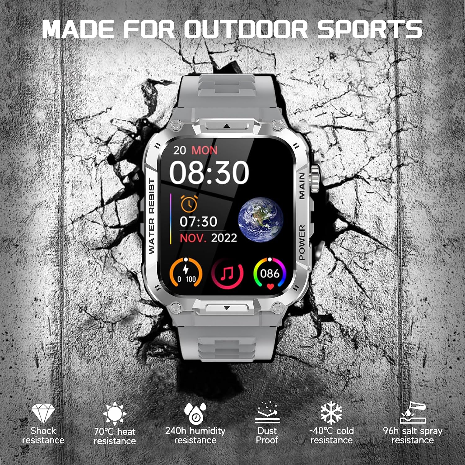 Detalle de Military Smart Watch for Men with Call Function (Gray) – Waterproof fitness tracker for Android & iPhone
