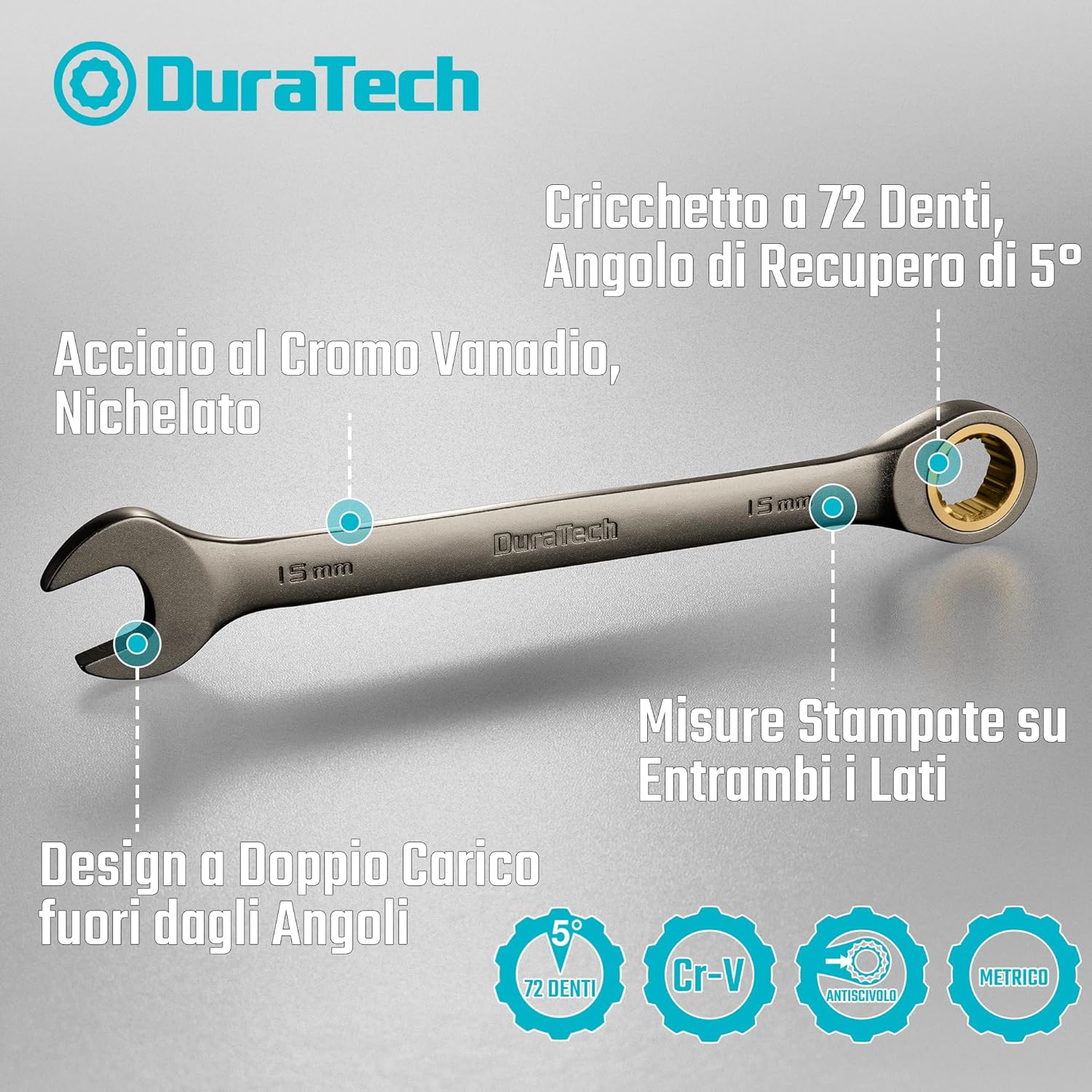 Detalle 2 de DURATECH set di chiavi combinate a cricchetto antiscivolo 10 pezzi 6-18 mm (72 denti) in CR-V con custodia