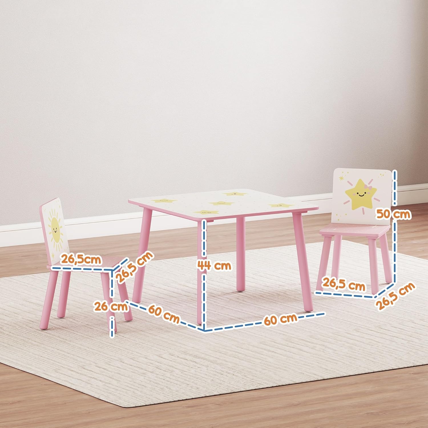 Thumbnail 6 de AIYAPLAY Table enfant avec 2 chaises en bois (ensemble 3 pièces) motifs d’étoiles, rose, 3 à 8 ans