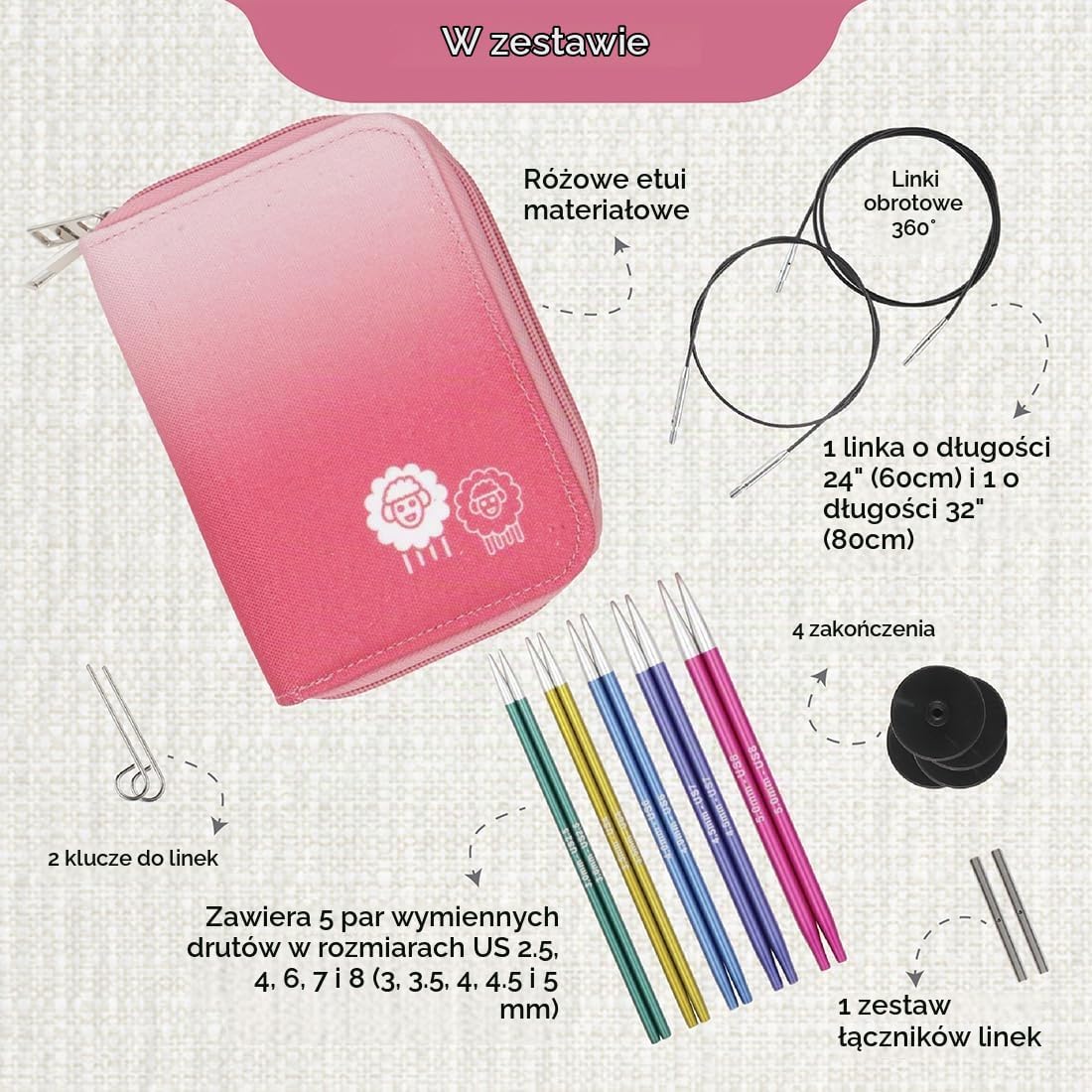 Detalle de KnitPro Zing – wymienne druty aluminiowe 13 cm, 5 rozmiarów i 2 kable