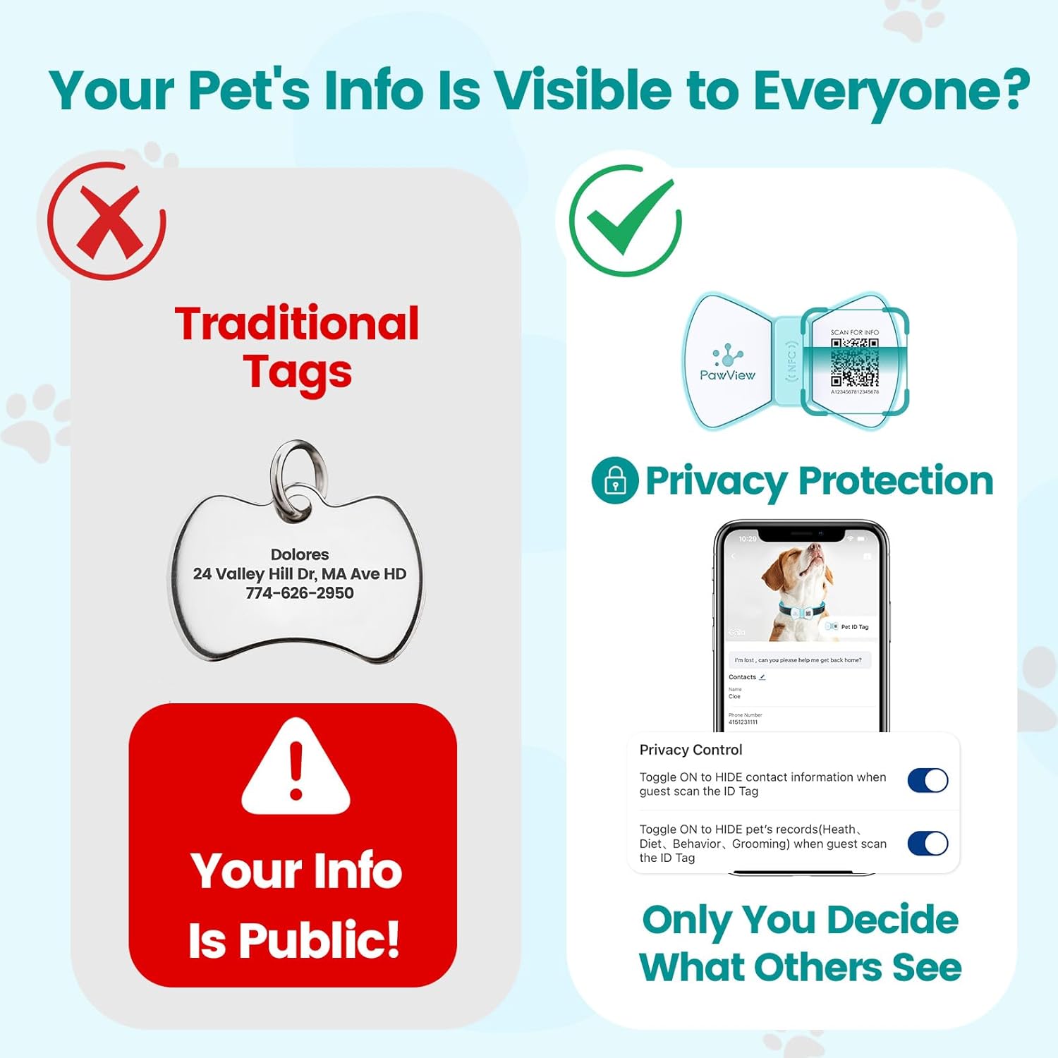 Detalle de Bow Tie Blue QR Code Dog ID Tag UK with NFC — Waterproof Silicone, No Subscription