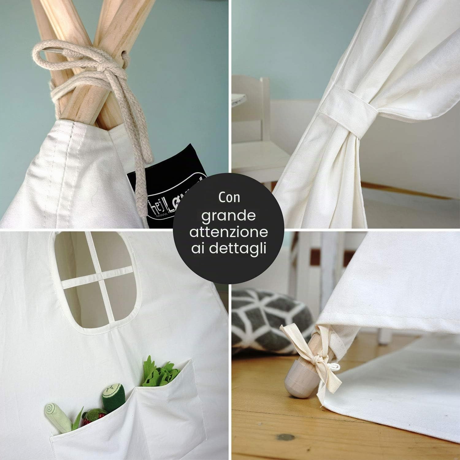 Detalle de HEJ LØNNE Tenda Tipi Indiana per Bambini Beige Naturale con Tappetino e Finestra 120x120x150 cm