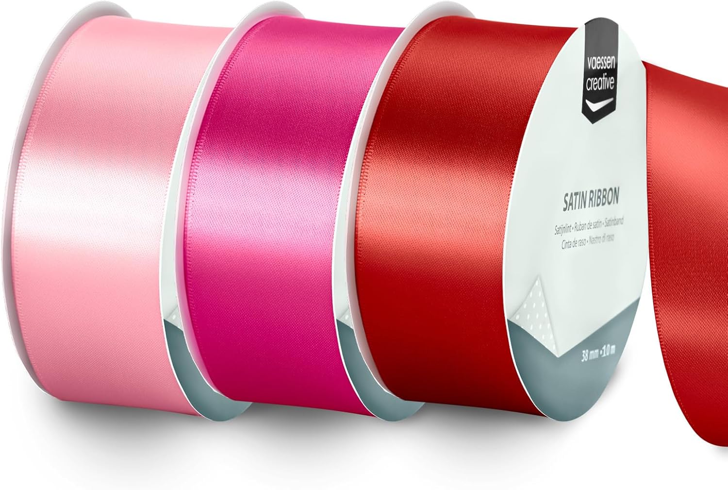 Vaessen Creative Ruban Satin Lot – 3 couleurs Saint Valentin (10 m x 38 mm) Rouge & Rose