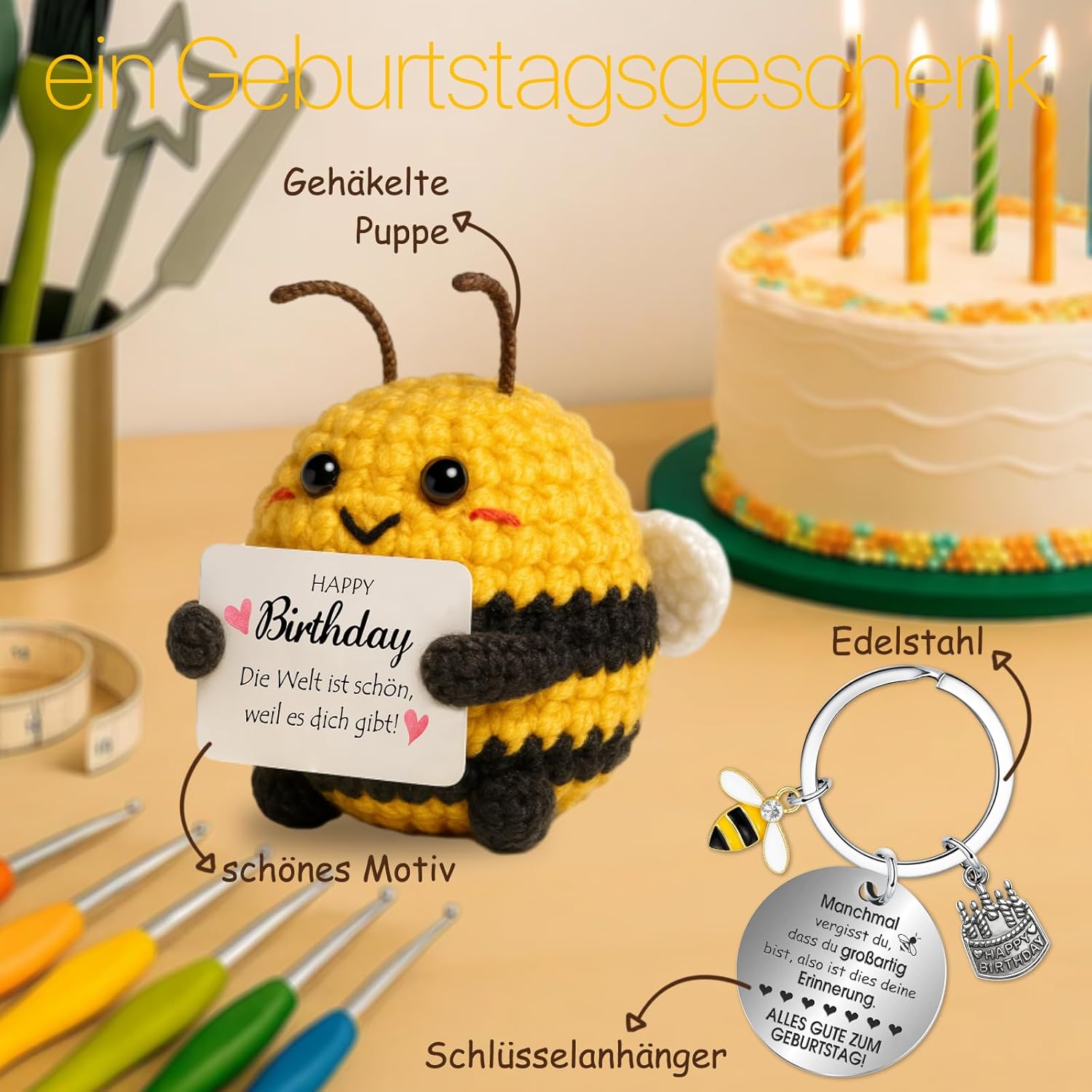 Thumbnail 1 de Farbeele Fröhliche Biene & Glücksbringer-Schlüsselanhänger mit Pocket Hug Figur – Geburtstagsgeschenk