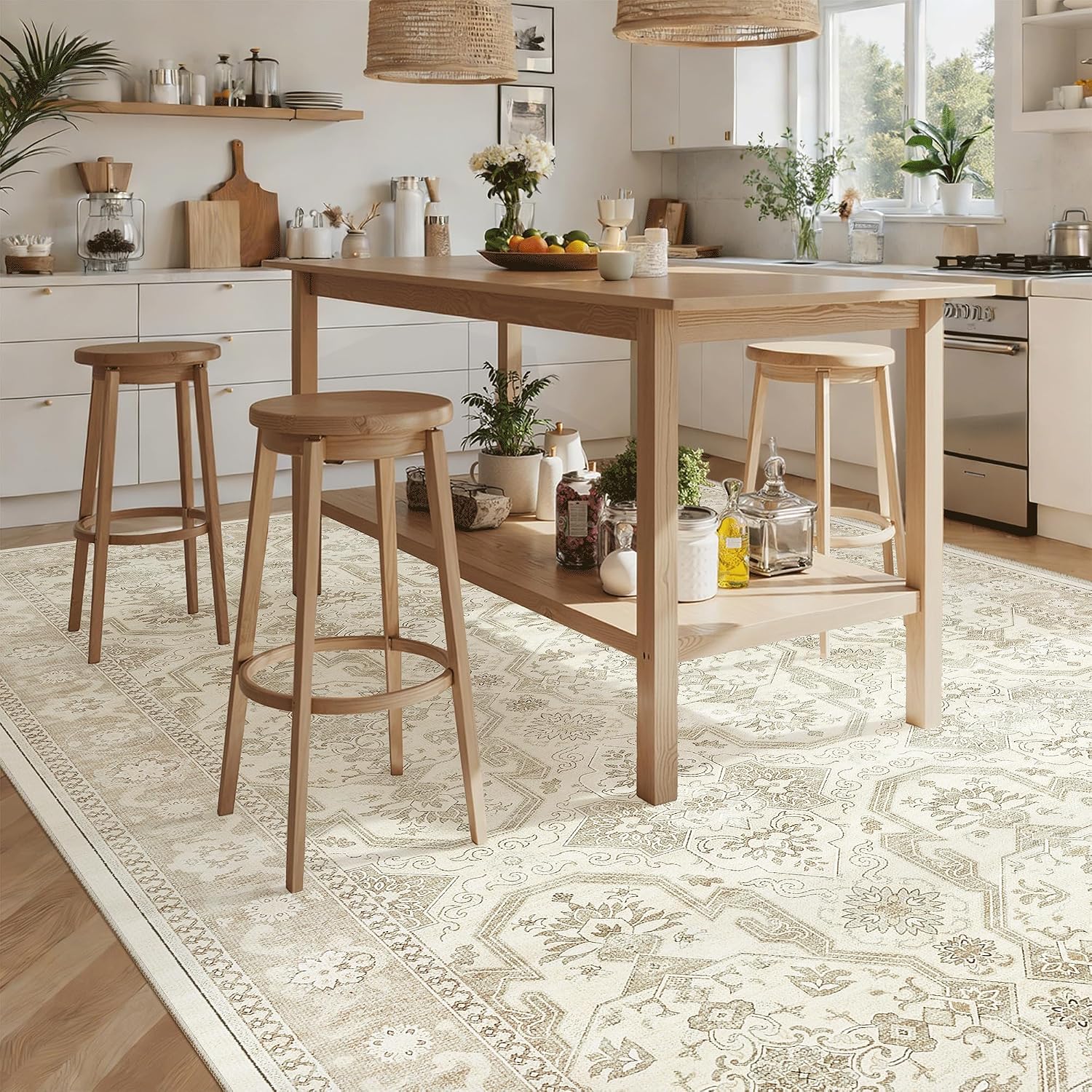 Thumbnail 2 de Soalmost 9' x 12' Area Rug, Washable Beige/Brown Vintage Geometric