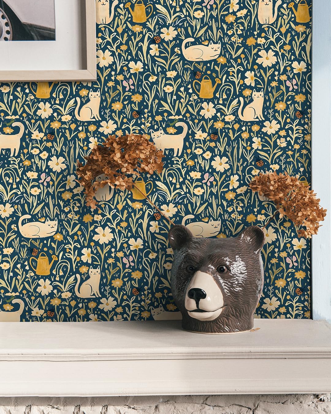 Detalle de CiCiwind zelfklevend behang 41 × 300 cm, blauw vinyl met katten en bloemen