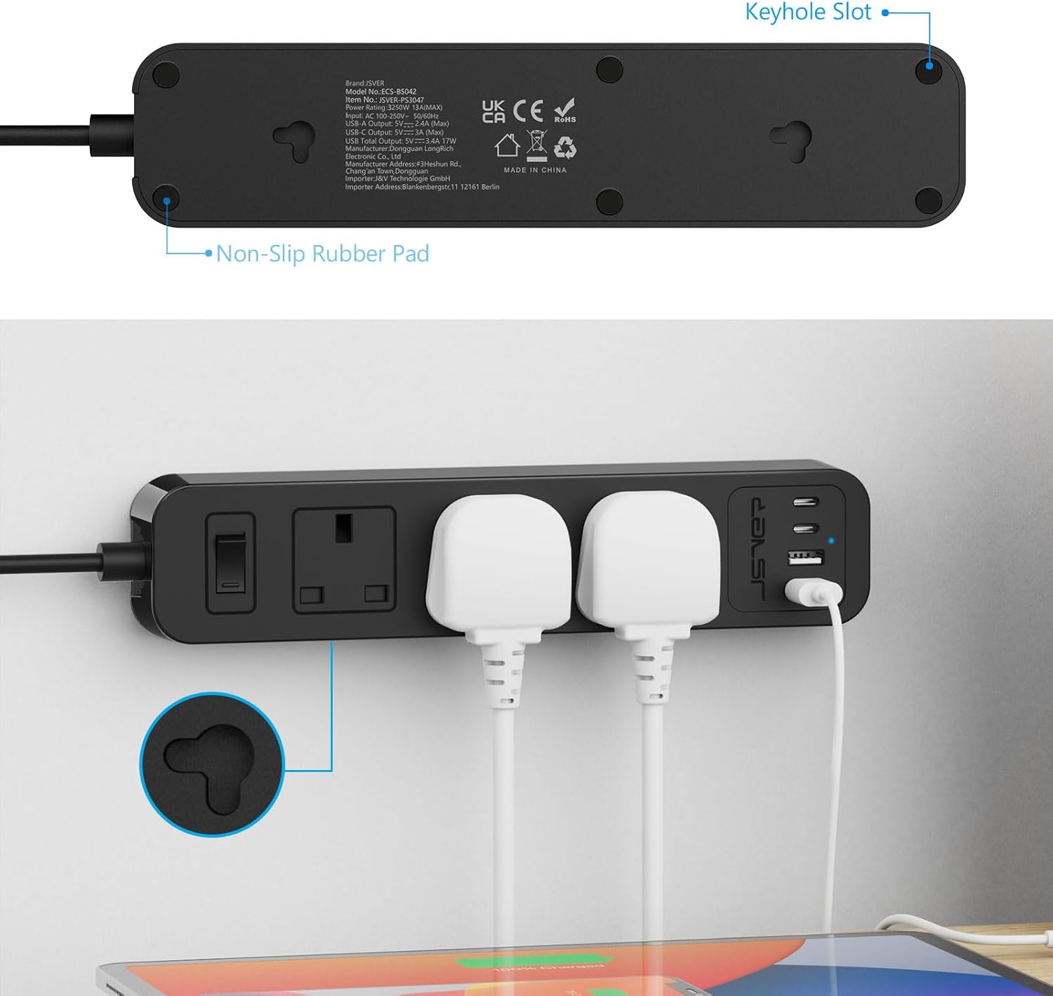 Thumbnail 5 de JSVER 7-in-1 Extension Lead with USB-C & USB-A Slots, 3 AC Outlets and 2m Cable (Switch) – Black