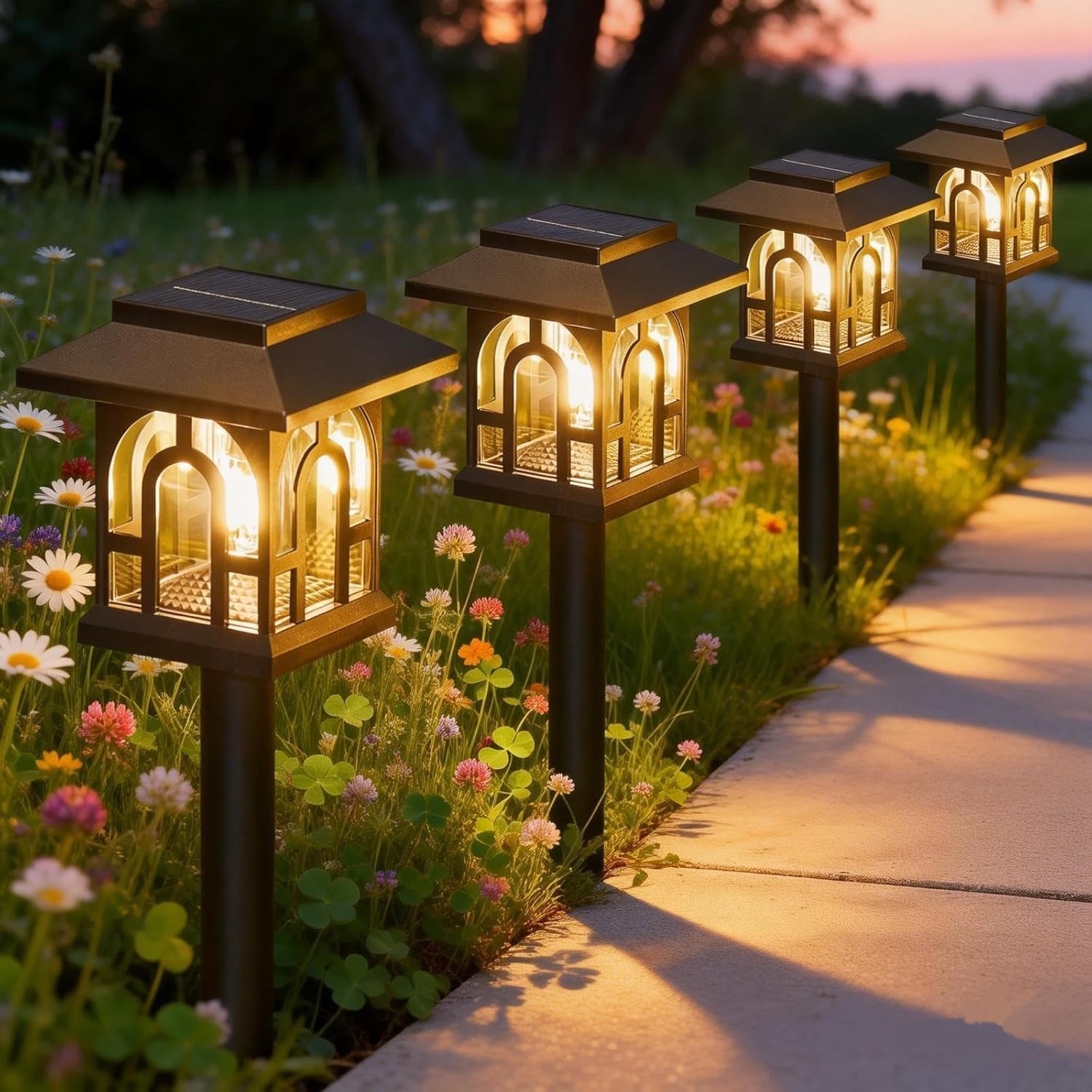 Detalle de BUCASA 4 Pack Solar Garden Lights (Up to 10 Hours, IP65) – 3000K Warm White outdoor pathway lighting