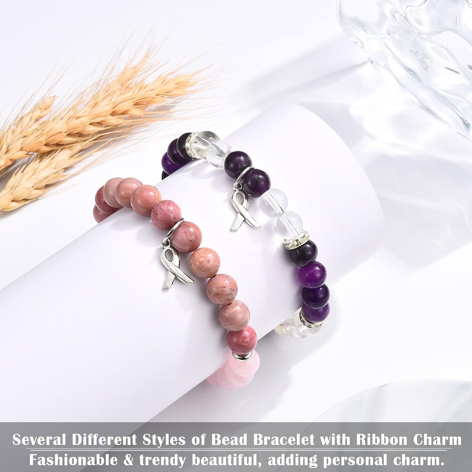 Thumbnail 3 de CERSLIMO Breast Cancer Care Bracelet for Women – Natural Stone Bead Bracelet with Inspirational Message Card