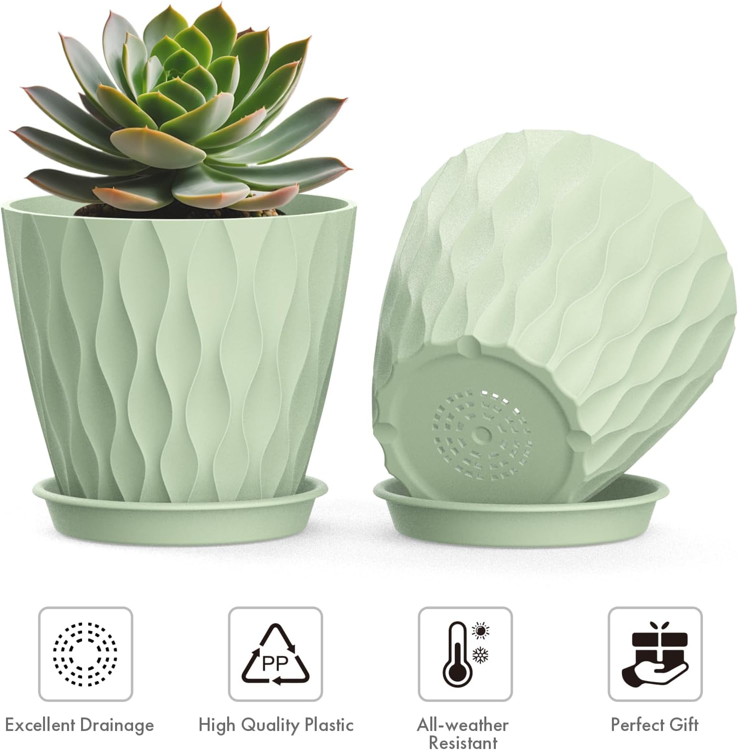 Thumbnail 2 de 12.5cm Plant Pots (6 Pack) – Light Green Plastic with Drainage Holes and Saucers
