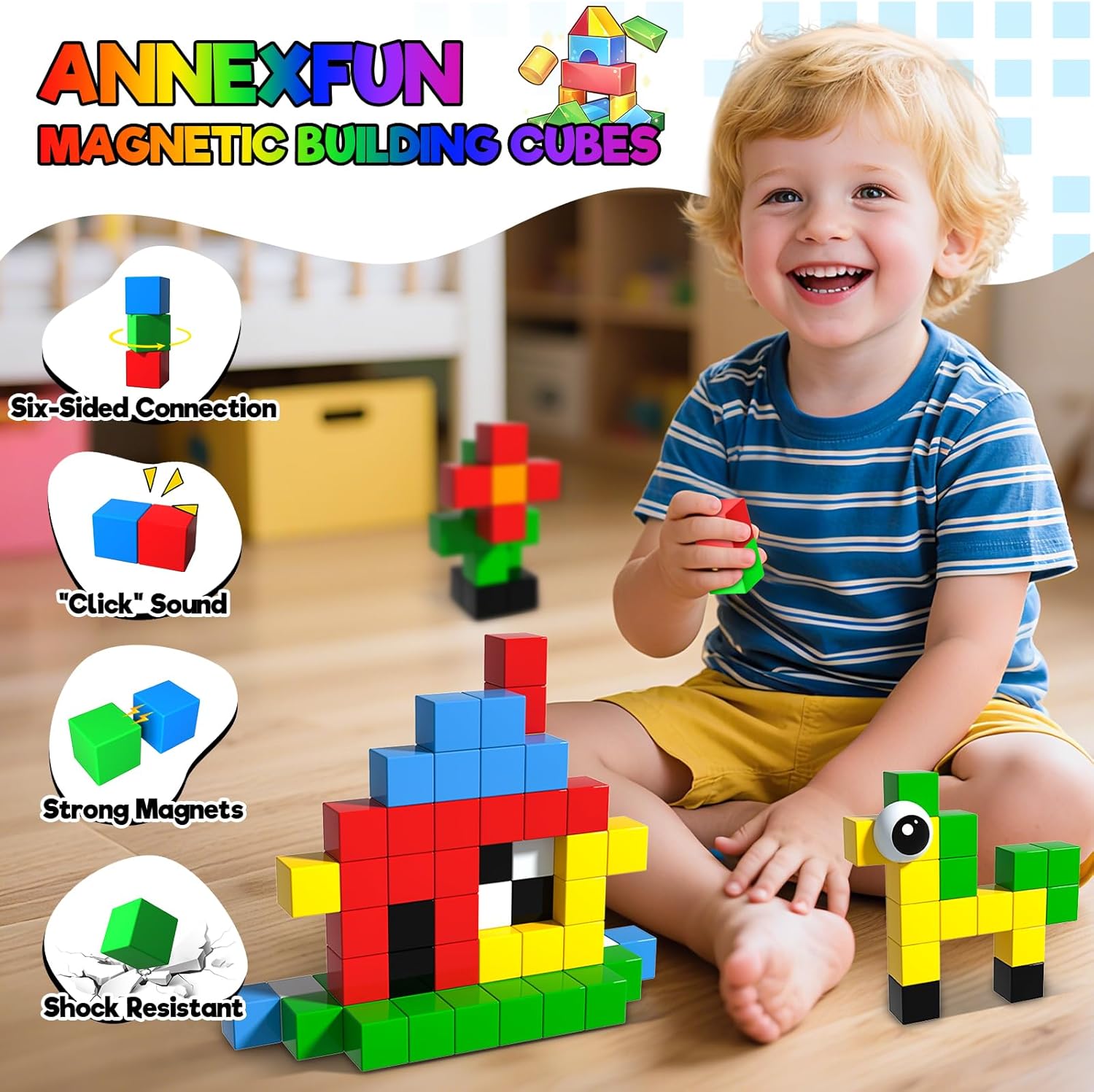 Detalle de Magnetic Building Blocks for Kids (56pcs) – 1-inch magnet cubes and tiles for ages 3+