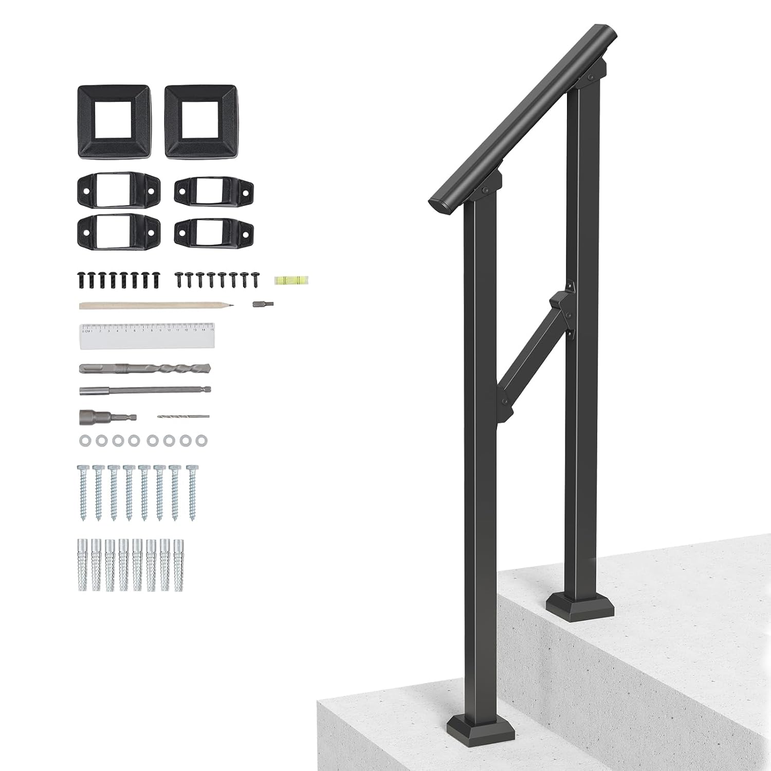 VEVOR Rampe d’escalier extérieure pour 1 à 2 marches avec main courante et kit d’installation (tube acier carbone, noir)