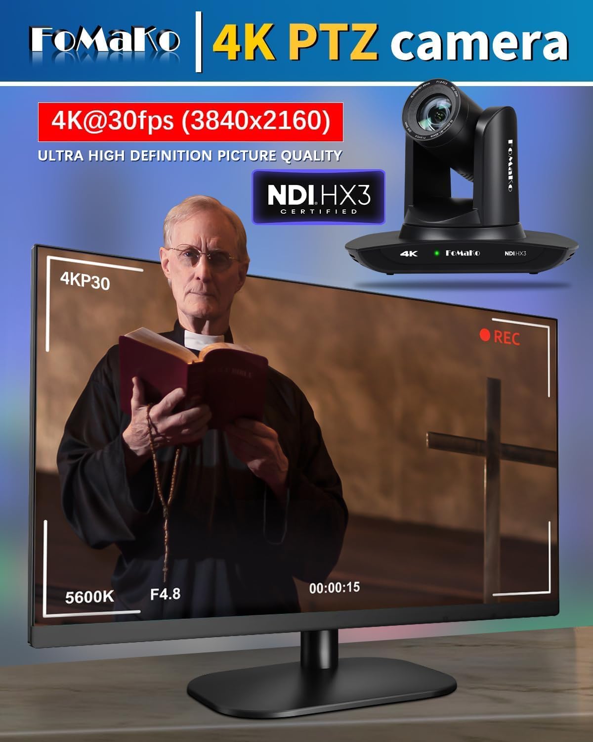 Thumbnail 6 de FoMaKo 4K PTZ Kamera mit NDI HX3 – 20x optischer Zoom, KI-Tracking und Live-Streaming