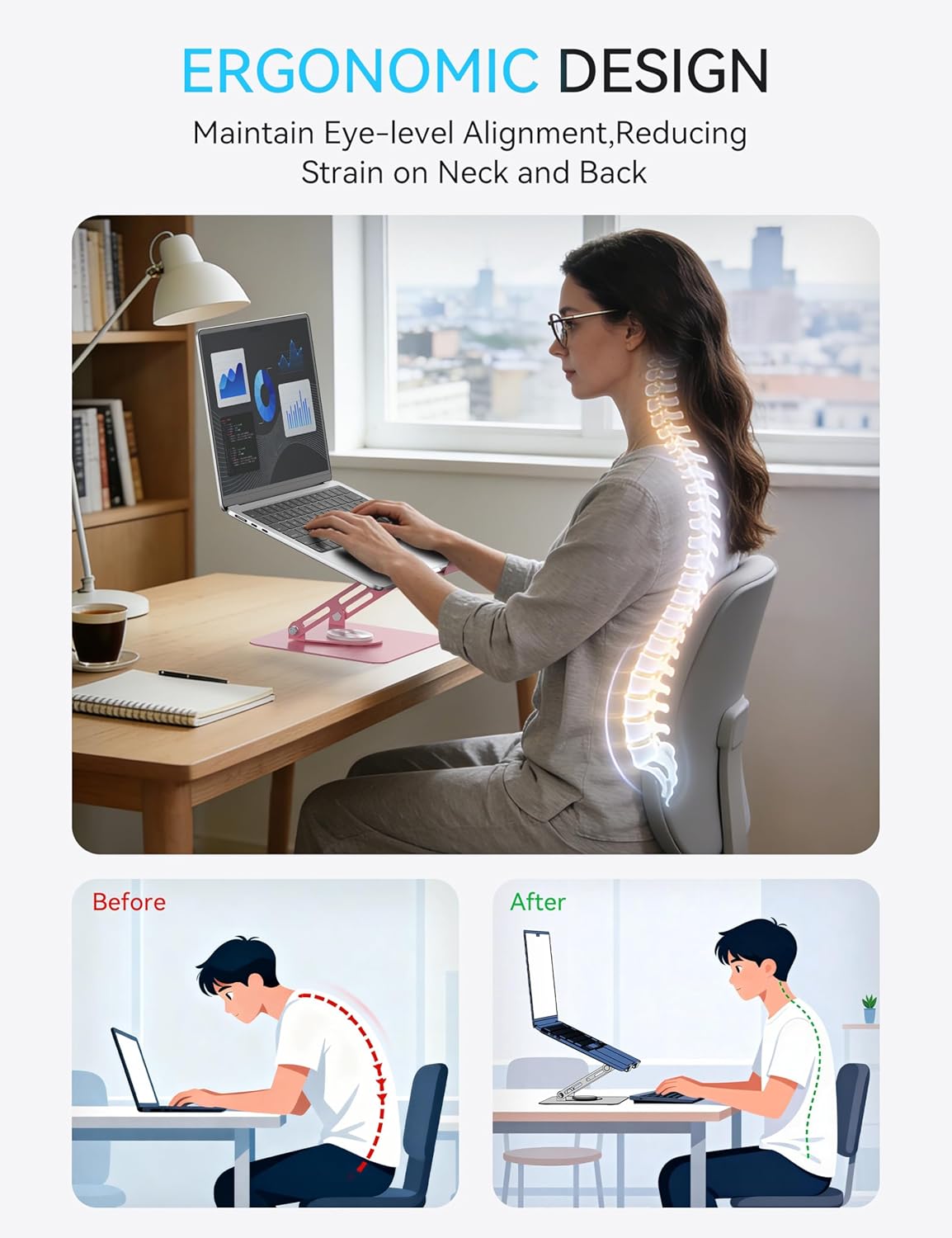 Thumbnail 2 de SOUNDANCE 360° Rotating Laptop Stand (10–15.6in) with Adjustable Height, Foldable Metal Riser – Pink