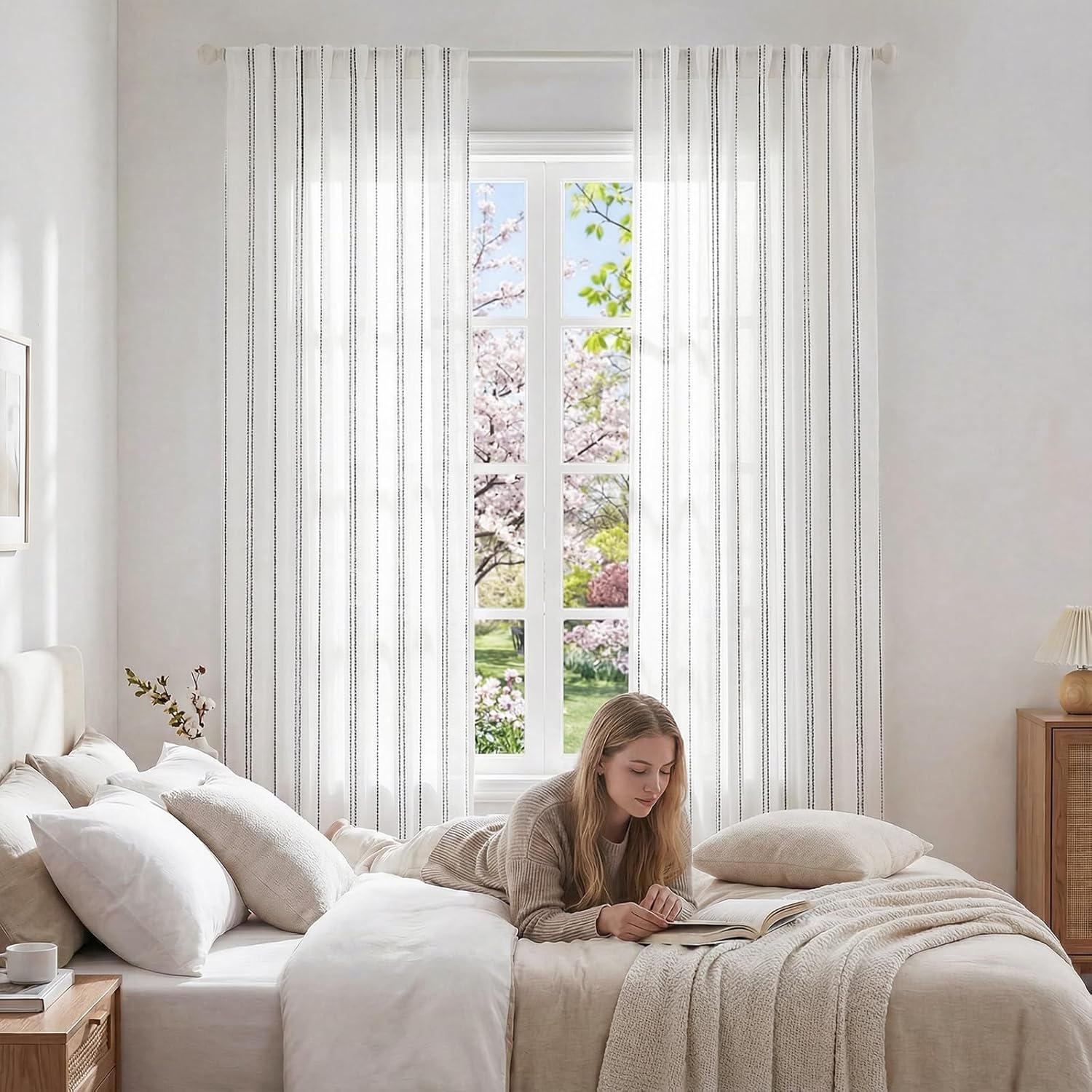 Detalle 2 de jinchan White Grey Striped Curtains 96 in Length 🪟