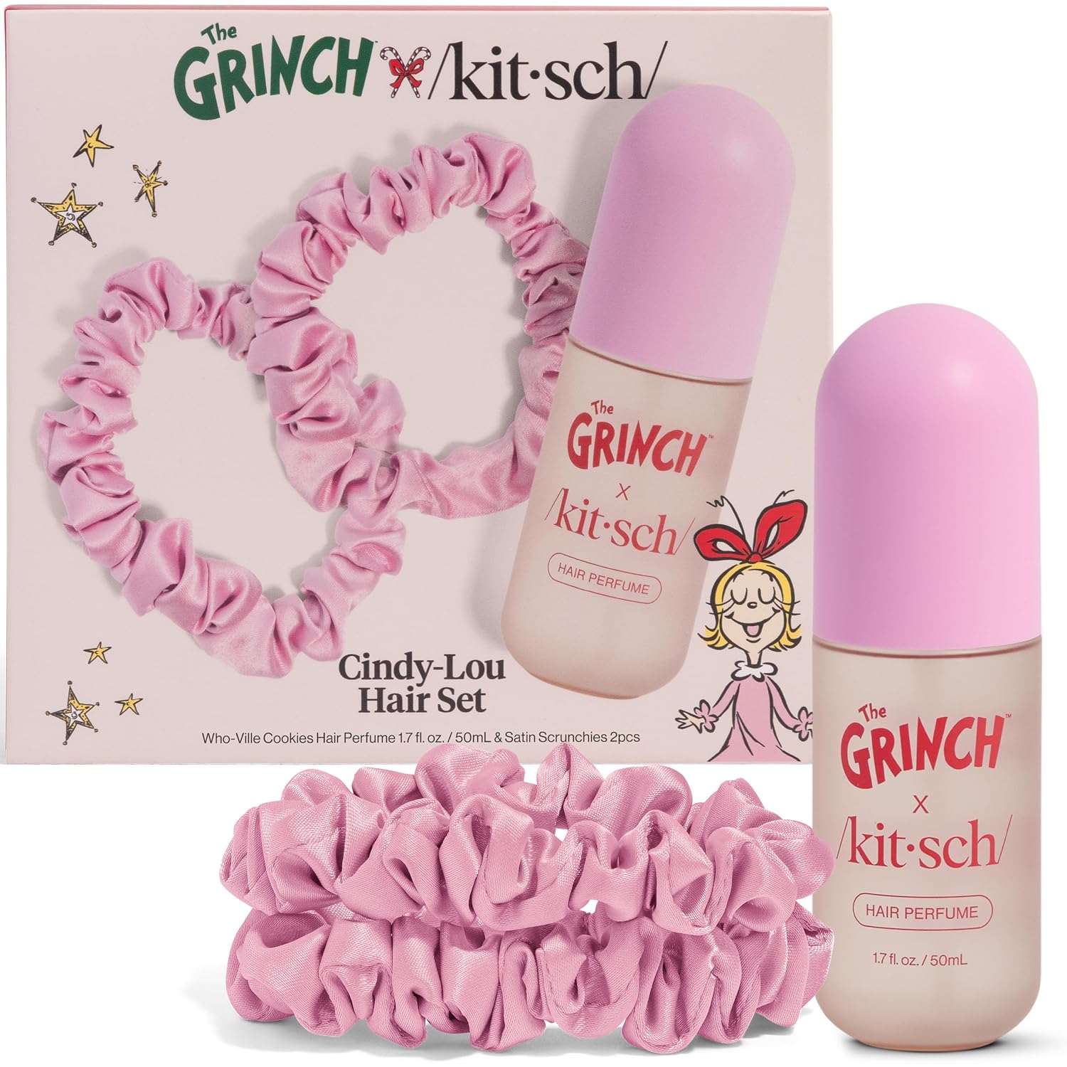 Detalle de Kitsch The Grinch x Cindy-Lou Hair Perfume & Satin Scrunchies Set
