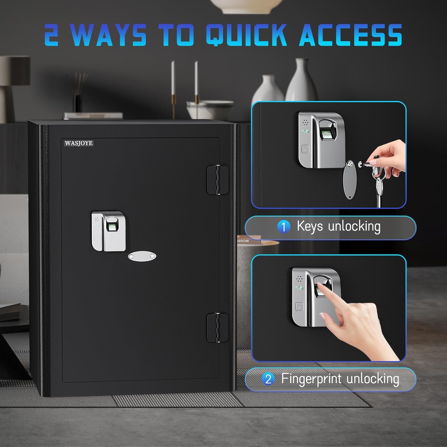 Detalle de WASJOYE 57L: Cassaforte Ignifuga con Impronte Digitali e Apertura a Chiave – Sicurezza per Casa, Ufficio e Hotel