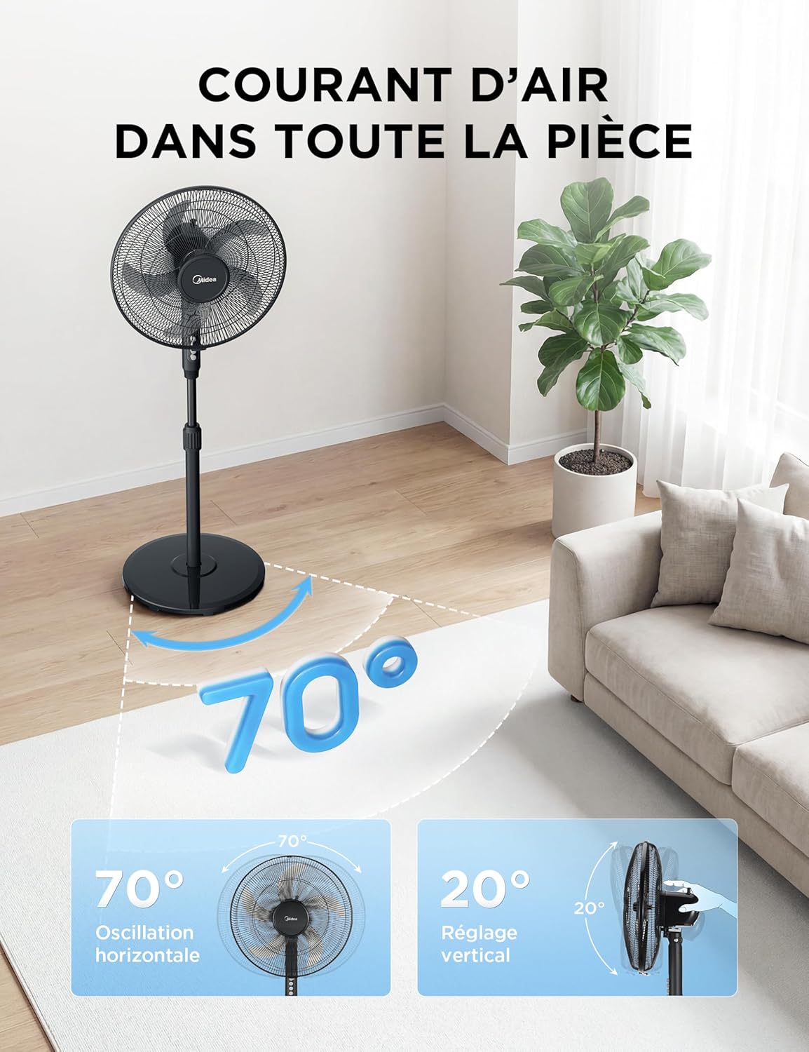 Thumbnail 5 de Midea Ventilateur sur Pied 107,5–122 cm – 40 W, 5 pales, oscillant, télécommande, noir