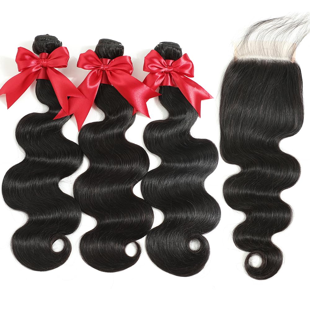 Detalle de 12A Brazilian Body Wave Hair Bundles with 4x4 HD Lace Closure — 16, 18, 20 Inches (3 Bundles)