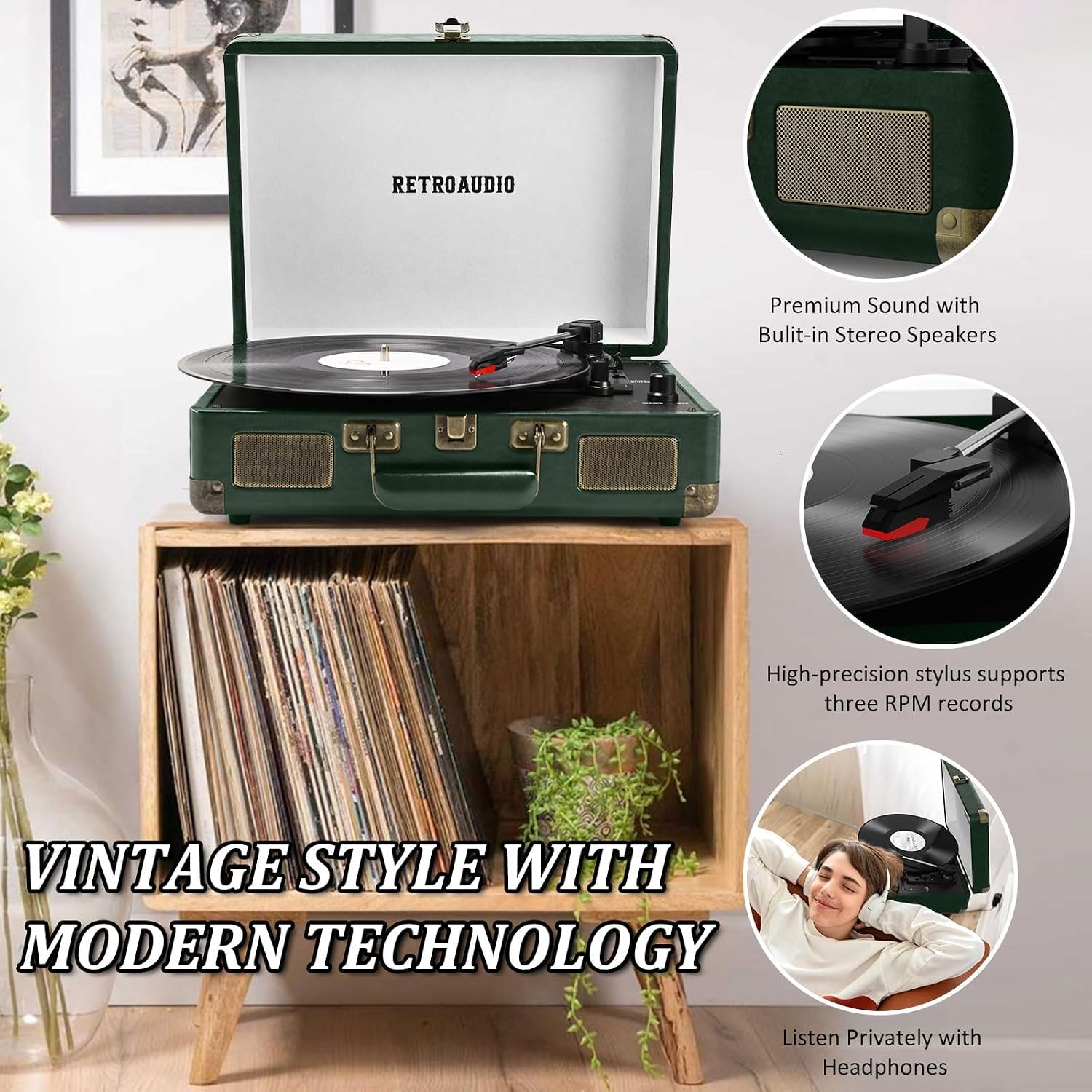 Detalle de RetroAudio 3-Speed Belt-Driven Suitcase Record Player with Bluetooth