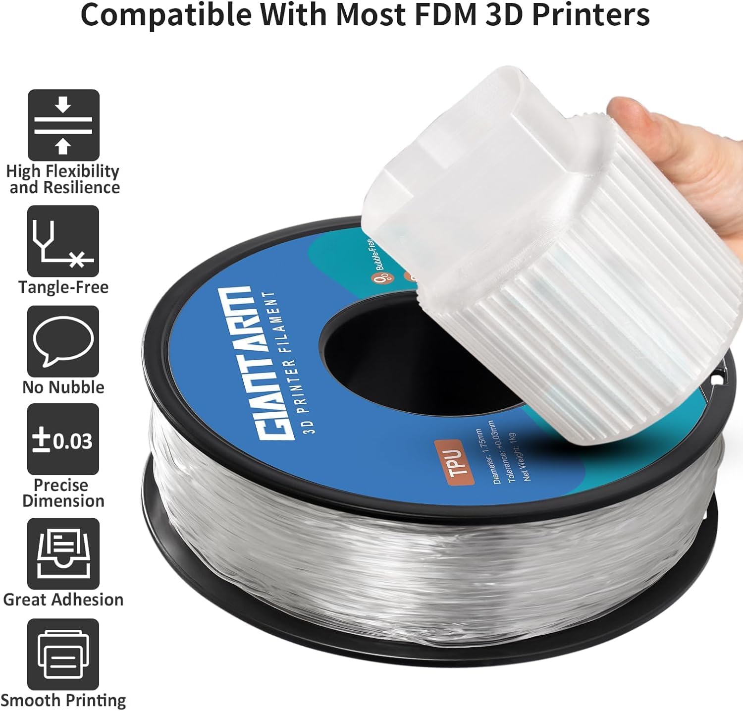 Detalle 2 de GIANTARM 95A TPU Flexible Filament 1.75mm, 1kg, Transparente 🧪