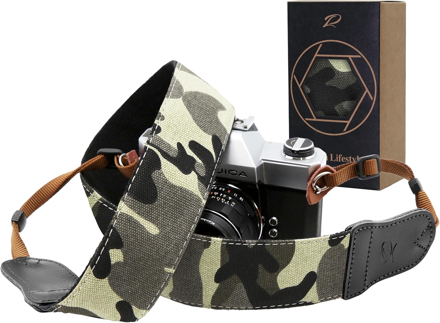 Detalle de Padwa Lifestyle Camouflage Camera Strap – 2" Wide Cowhide Ends, Vintage Embroidered Cotton Strap