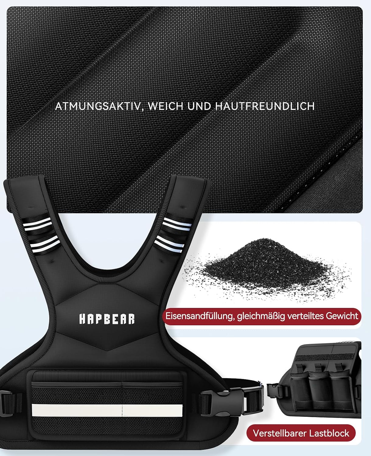 Detalle de HAPBEAR verstellbare Gewichtsweste (1,8–4,5 kg) mit 6 Eisensand-Gewichten – für Fitness, Krafttraining und Laufen
